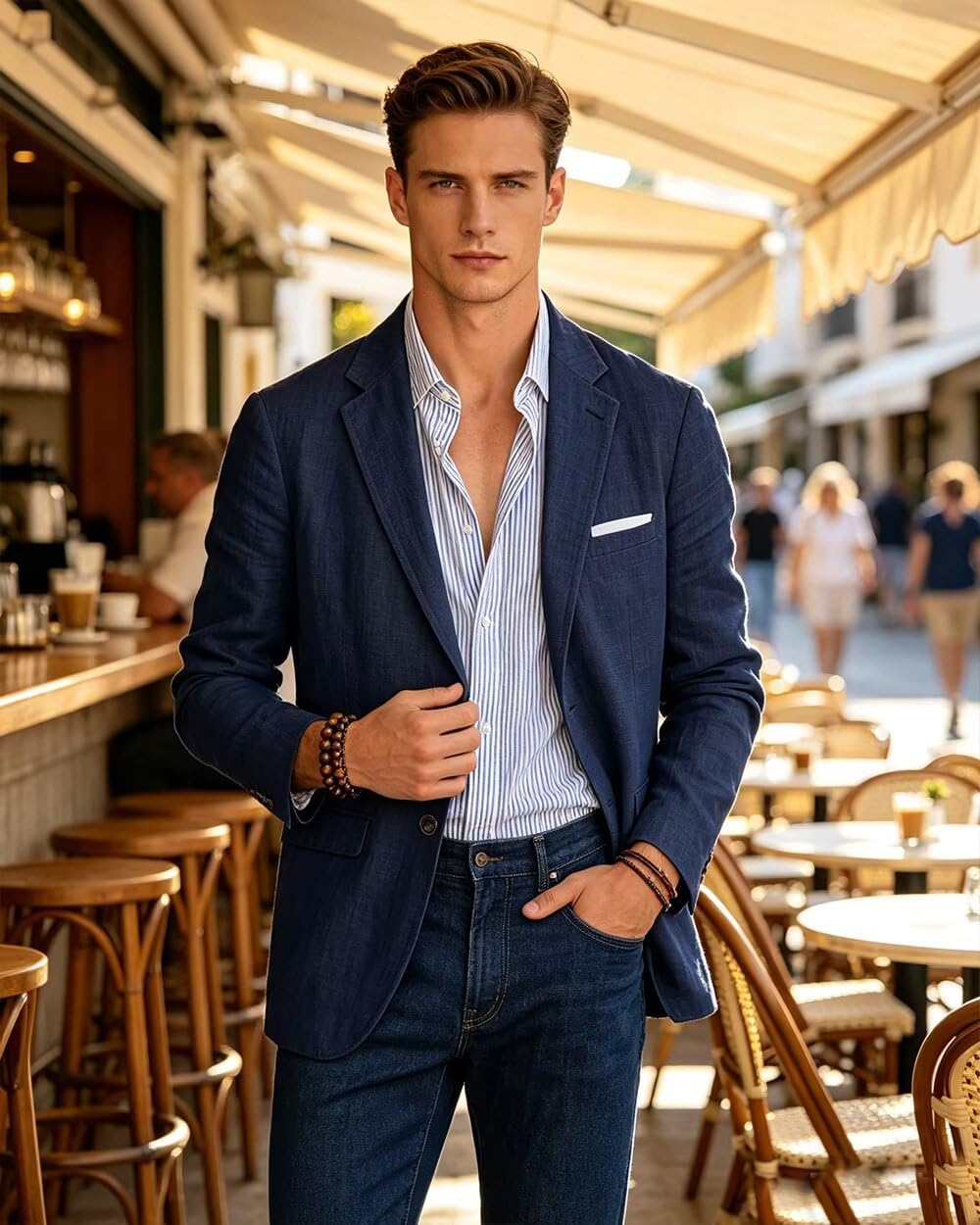 Hawcay Mens Suit Blazer Linen Slim Fit Casual Suits Jackets for Men Tuxedo Summer Wedding Beach Outfit Sports Coat Blazers Jacket Navy Blue Size L