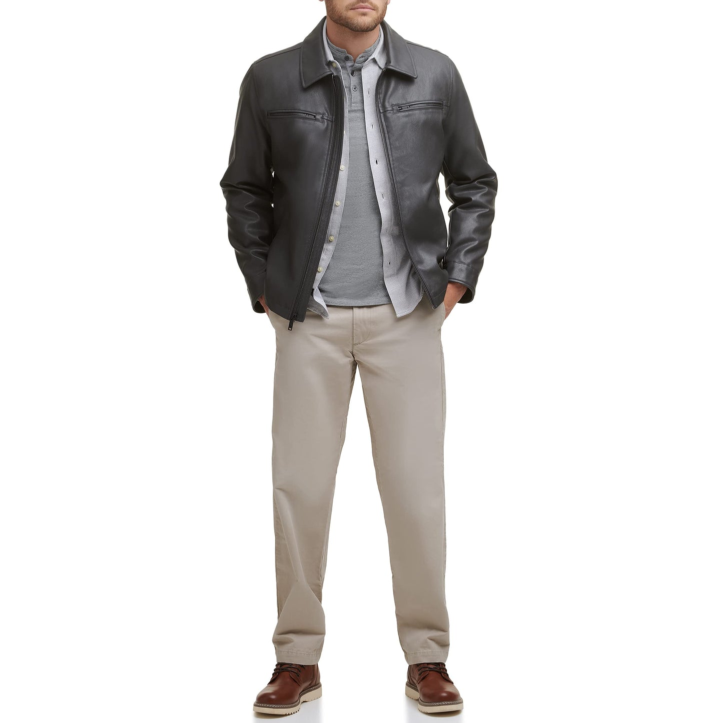 Dockers Men's James Faux Leather Jacket, Grey w. Chest Zip, Medium