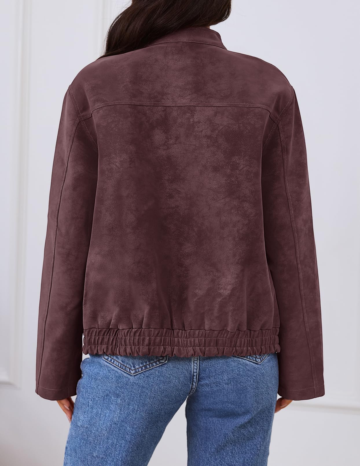 MEROKEETY Women's Faux Suede Bomber Jackets 2026 Trendy Long Sleeve Zip Up Fall Winter Coat Outerwear