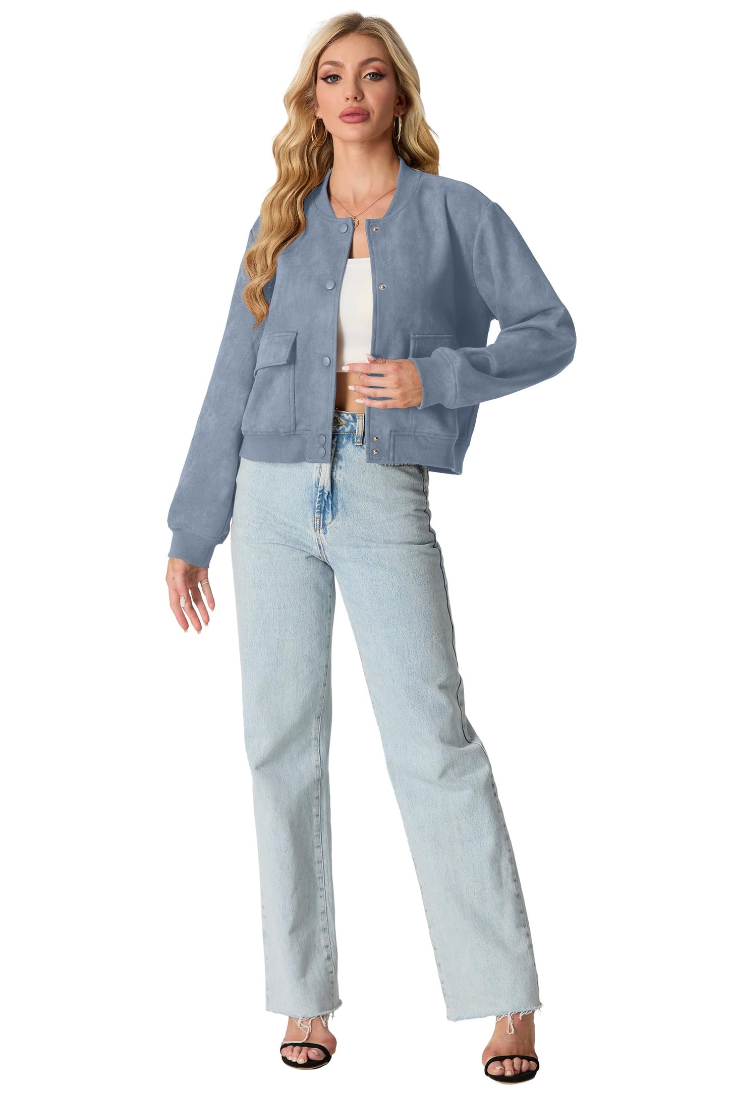 GRECERELLE Womens Bomber Jacket Cropped Button Down Varsity Jacket Long Sleeve Casual Outwear With Pockets (Denim Blue, Medium)