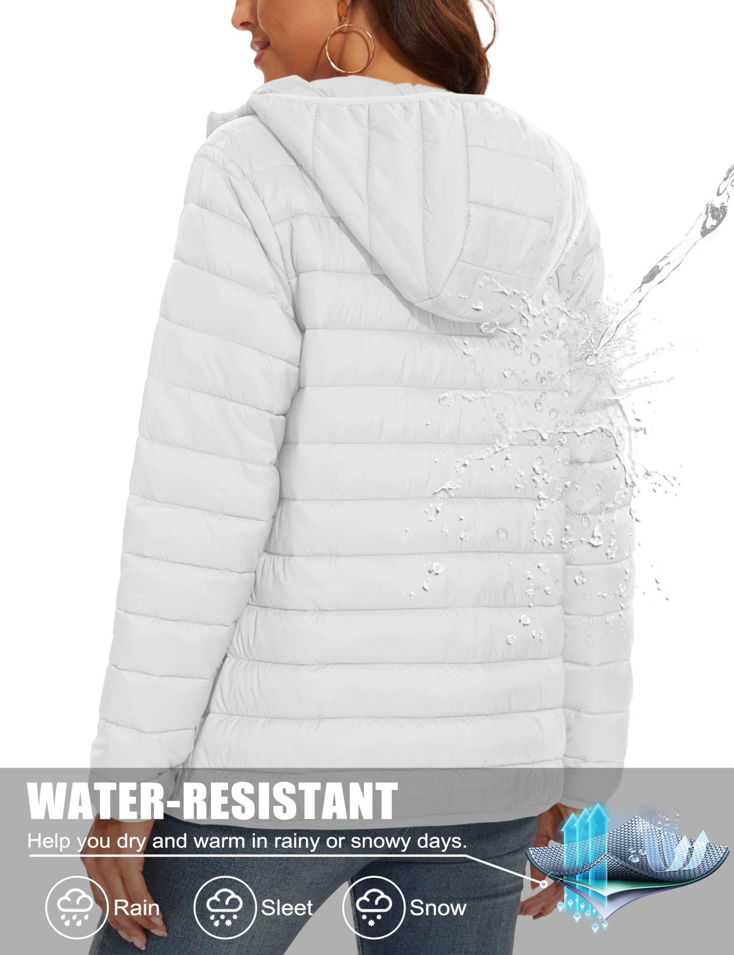 MAGCOMSEN Puffer Jacket for Women with Hood Lightweight Quilted Padded Jacket 4 Pockets Full Zip Long Sleeve Coat, White L