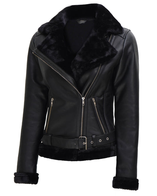 Decrum Disc Shearling Black Leather Jackets for Women | [1309322] Agns Black, S