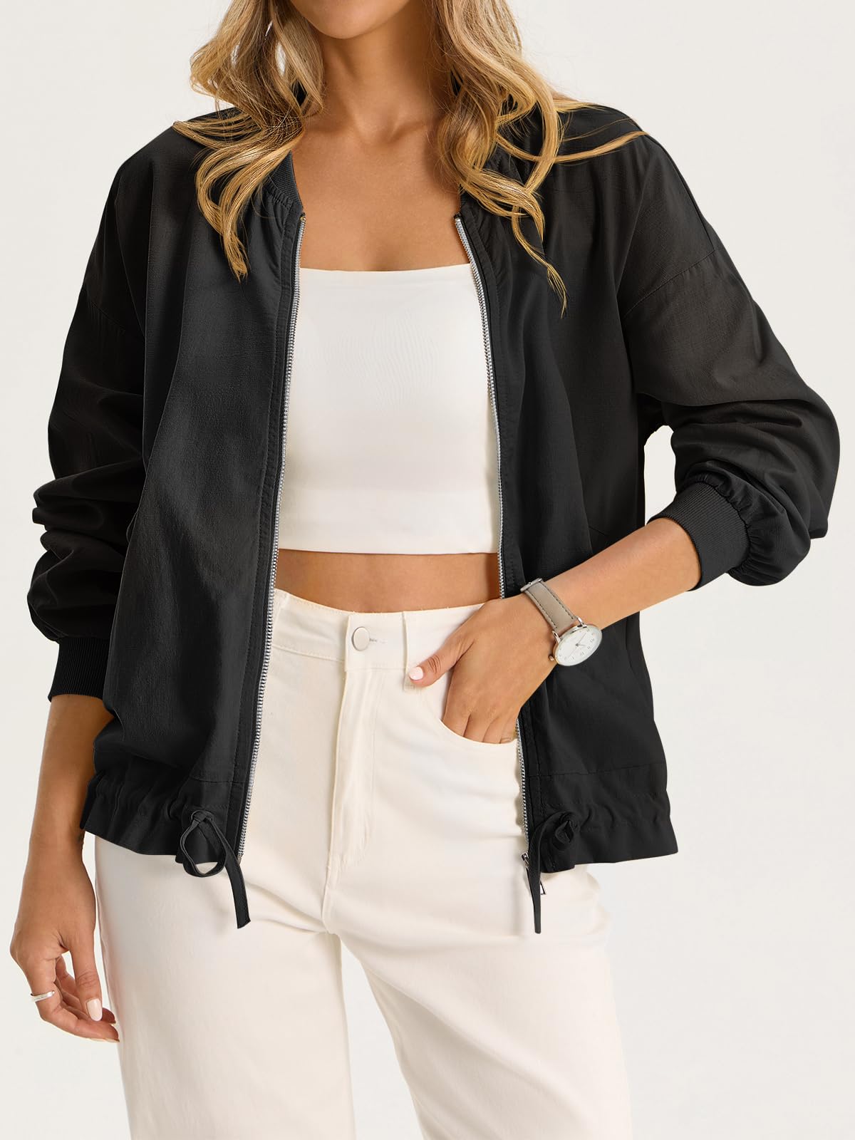 Tankaneo Womens Lightweight Linen Bomber Jackets Summer Cotton Zip Up Coat