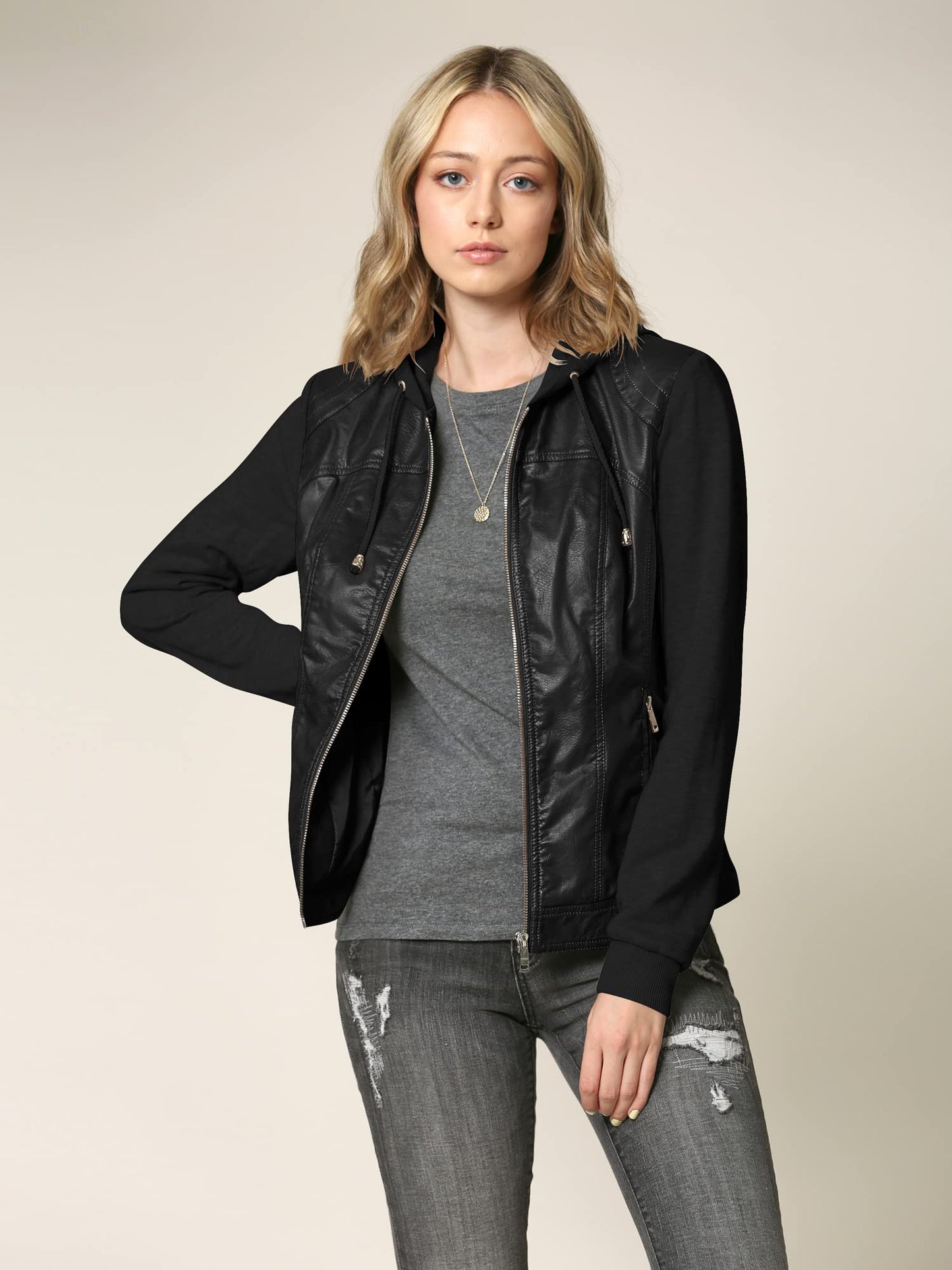 Made By Johnny MBJ WJC1347 Women’s Faux Leather Moto Jacket with Fleece Sleeves & Hoodie XS Black_Black