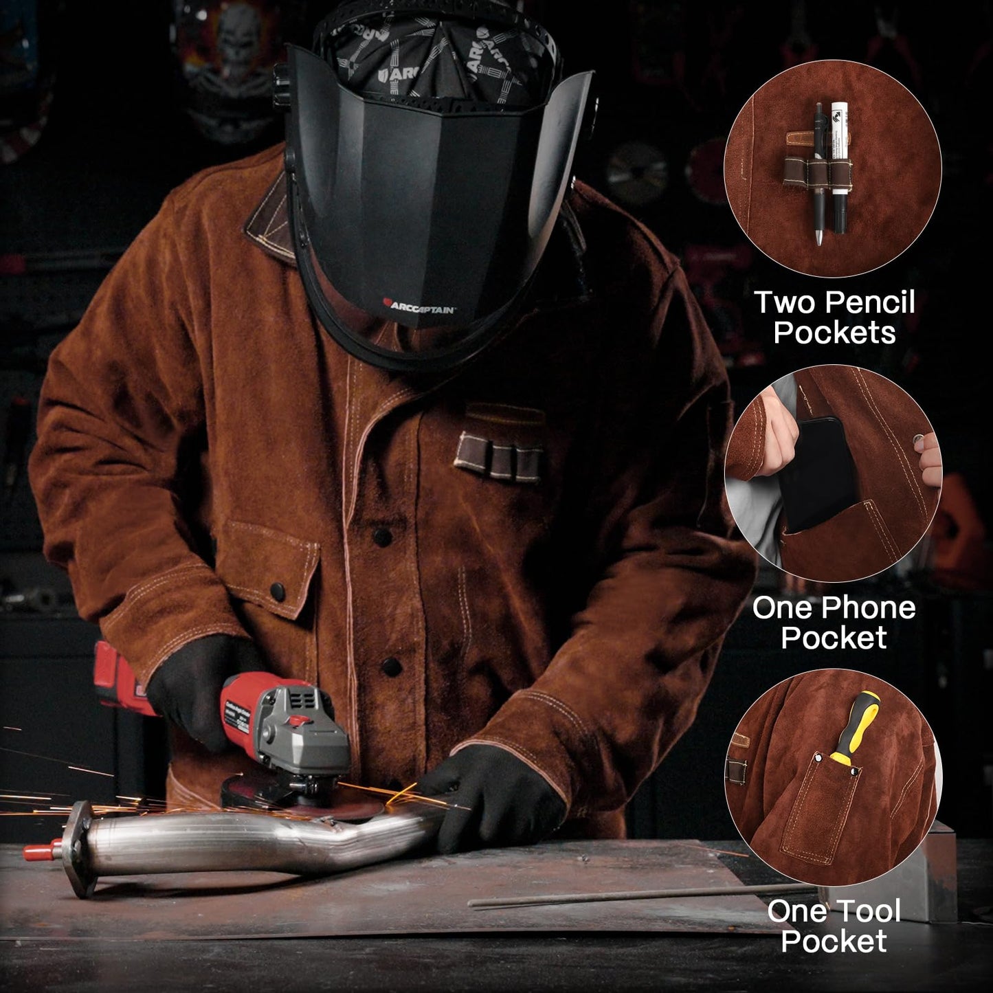 ARCCAPTAIN Leather Welding Jacket, Heavy Duty Welder Jackets with Flame Resistant Split Cowhide Leather, Welding Coat for Men Women