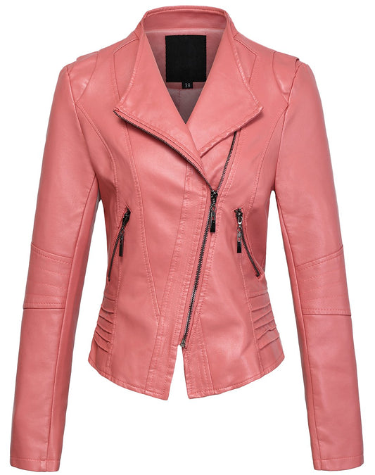 chouyatou Women's Casual Collarless Cropped Pu Leather Biker Jacket (Medium, Pink)