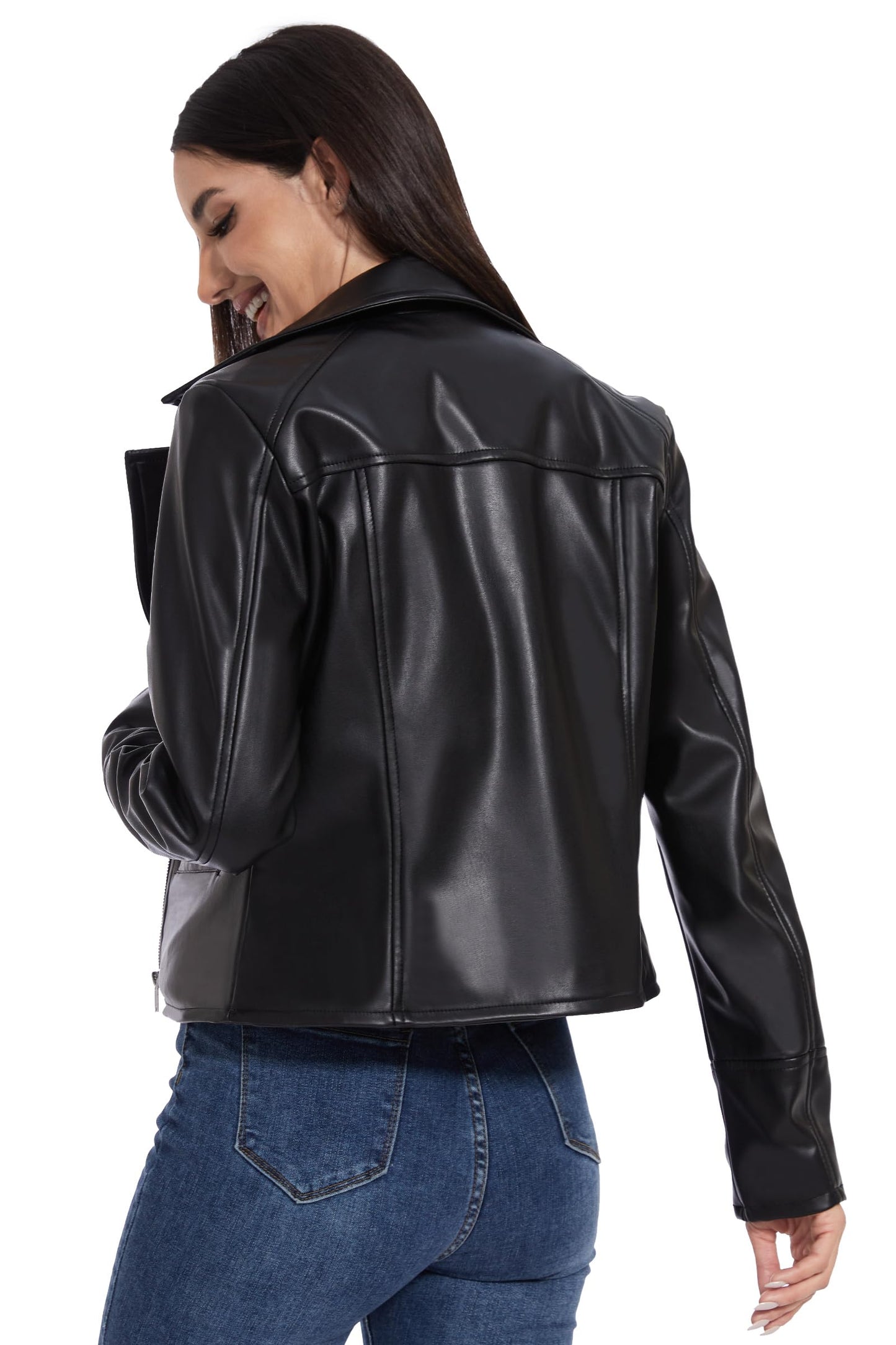 Fahsyee Women's Faux Leather Jackets - Moto Biker Motocycle PU Zipper Coat Lightweight Blazer Vegan Black M