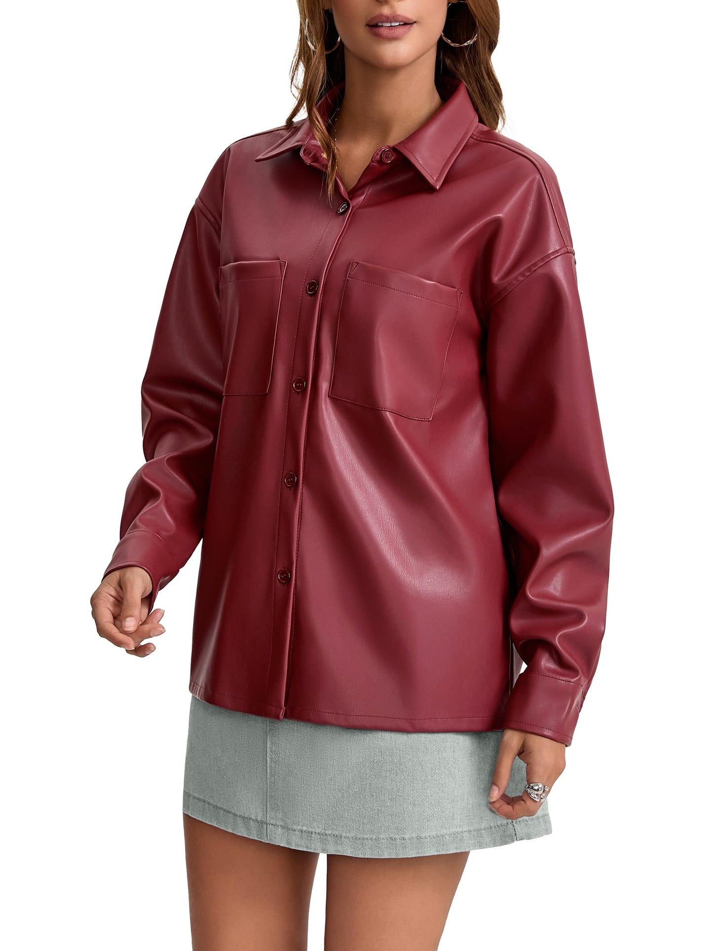 Haianguoji Women's Faux Leather Button-Down Shirt Jacket Lightweight Long Sleeve PU Blouse Shacket Tops (Red, M)