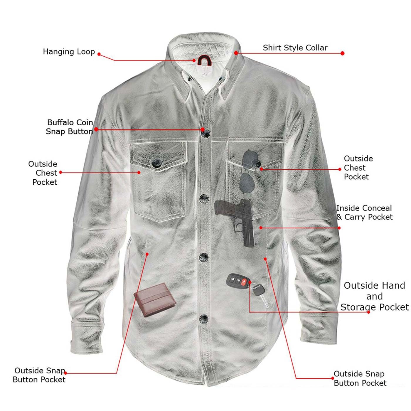 Milwaukee Leather MLM1612 Men's Distressed Grey Casual Biker Rider Leather Shirt w/Vintage 5 Cent Buffalo Buttons - Medium