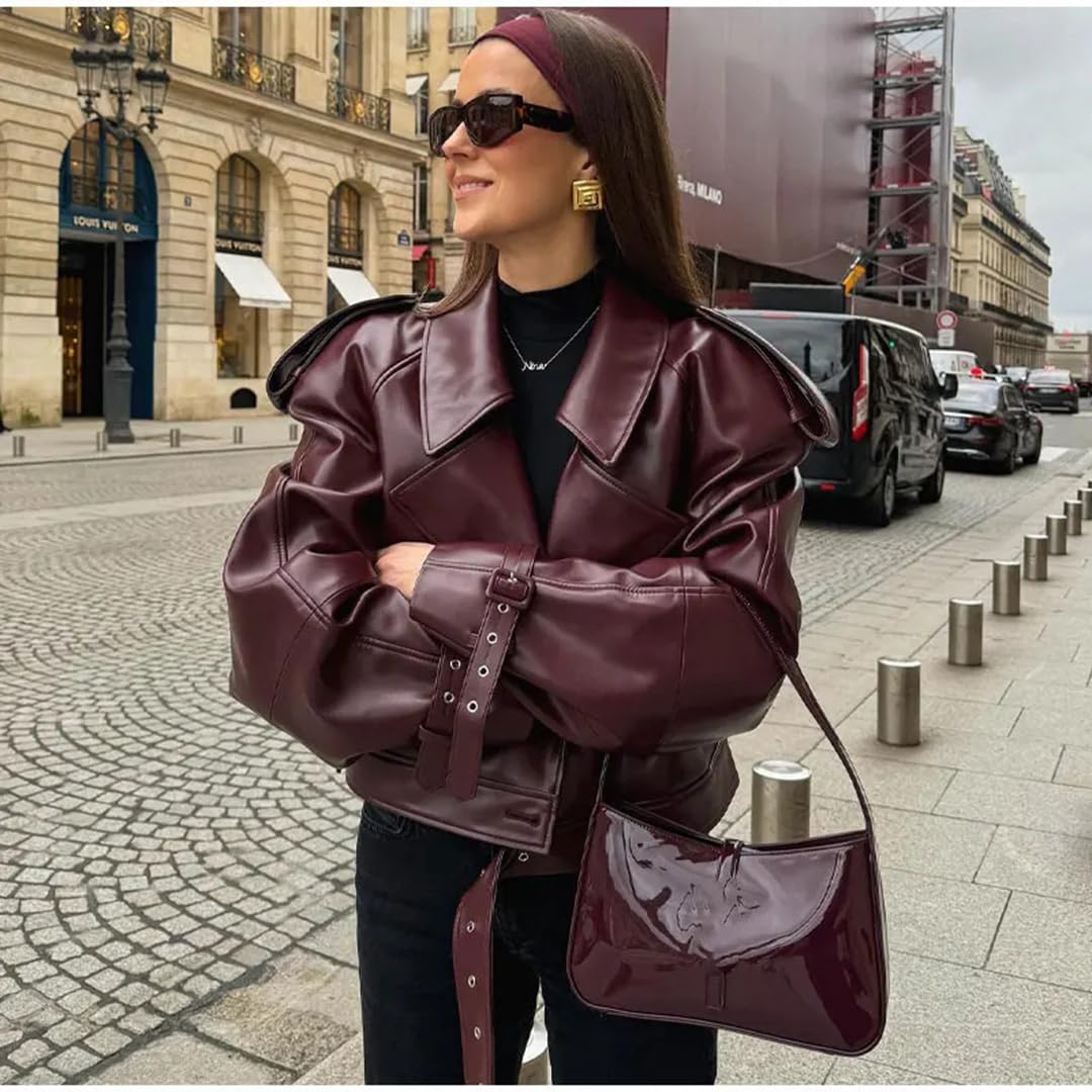 THLAI Womens PU Leather Jacket Long Sleeve Retro Collar Motorcycle Jacket Casual Coat