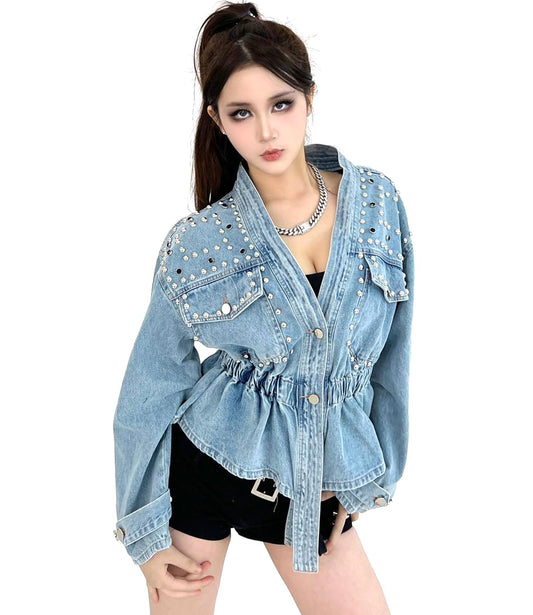 DARKSHE Women's Denim Jacket, Studded Rivet Fashion Coat with Long Sleeve (DS2503 / XL)