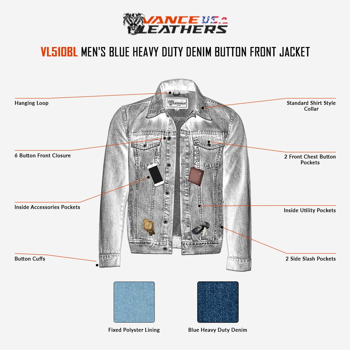 Vance VB510BL Men's Blue Heavy Duty Trucker Denim Button Front Motorcycle Jacket (Blue, XL)