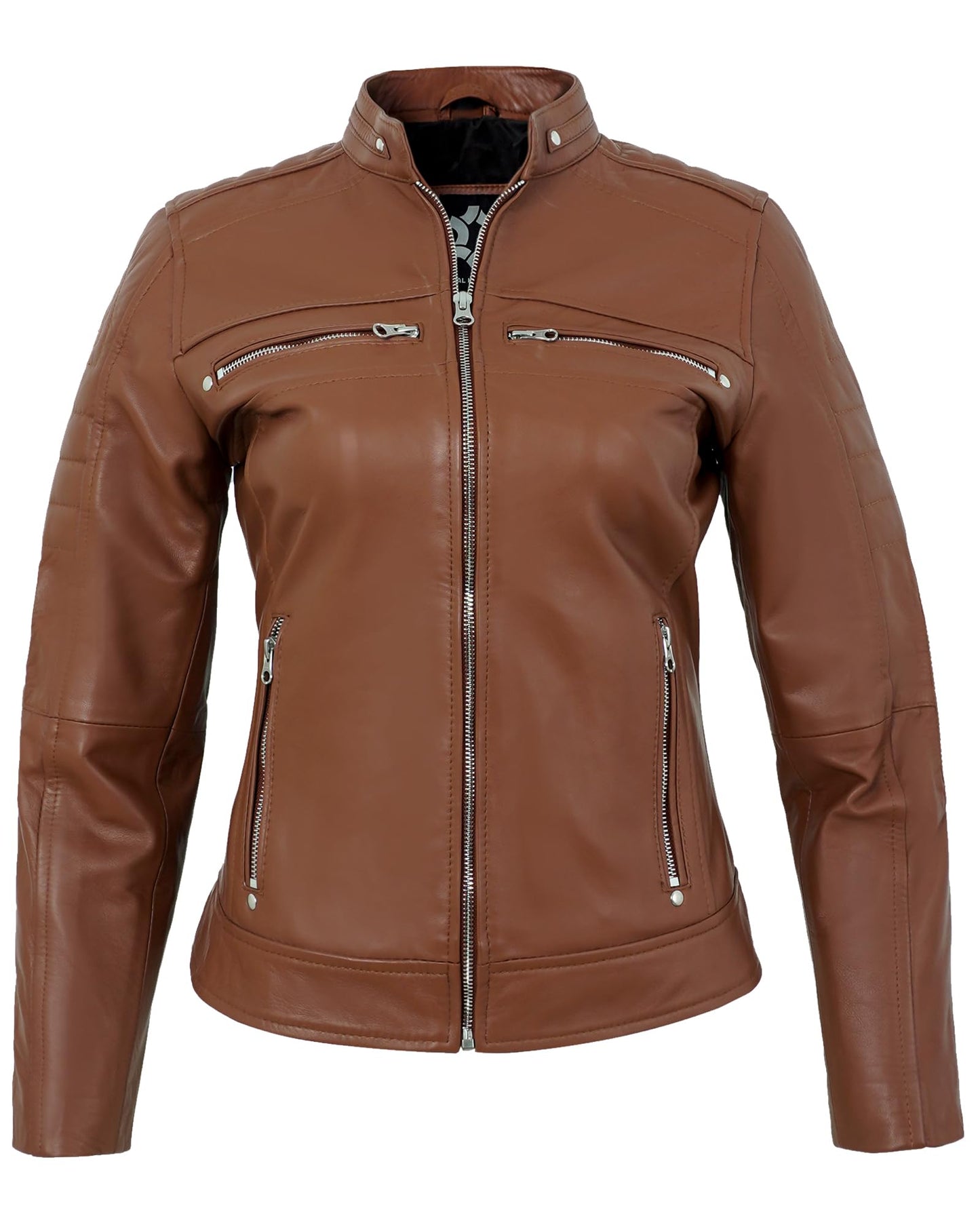 UrbanFocal Brown Leather Jacket Women - Real Lambskin Leather Motorcycle Jackets Women | [101015503] Cafe Racer Cognac W/o Wax, M