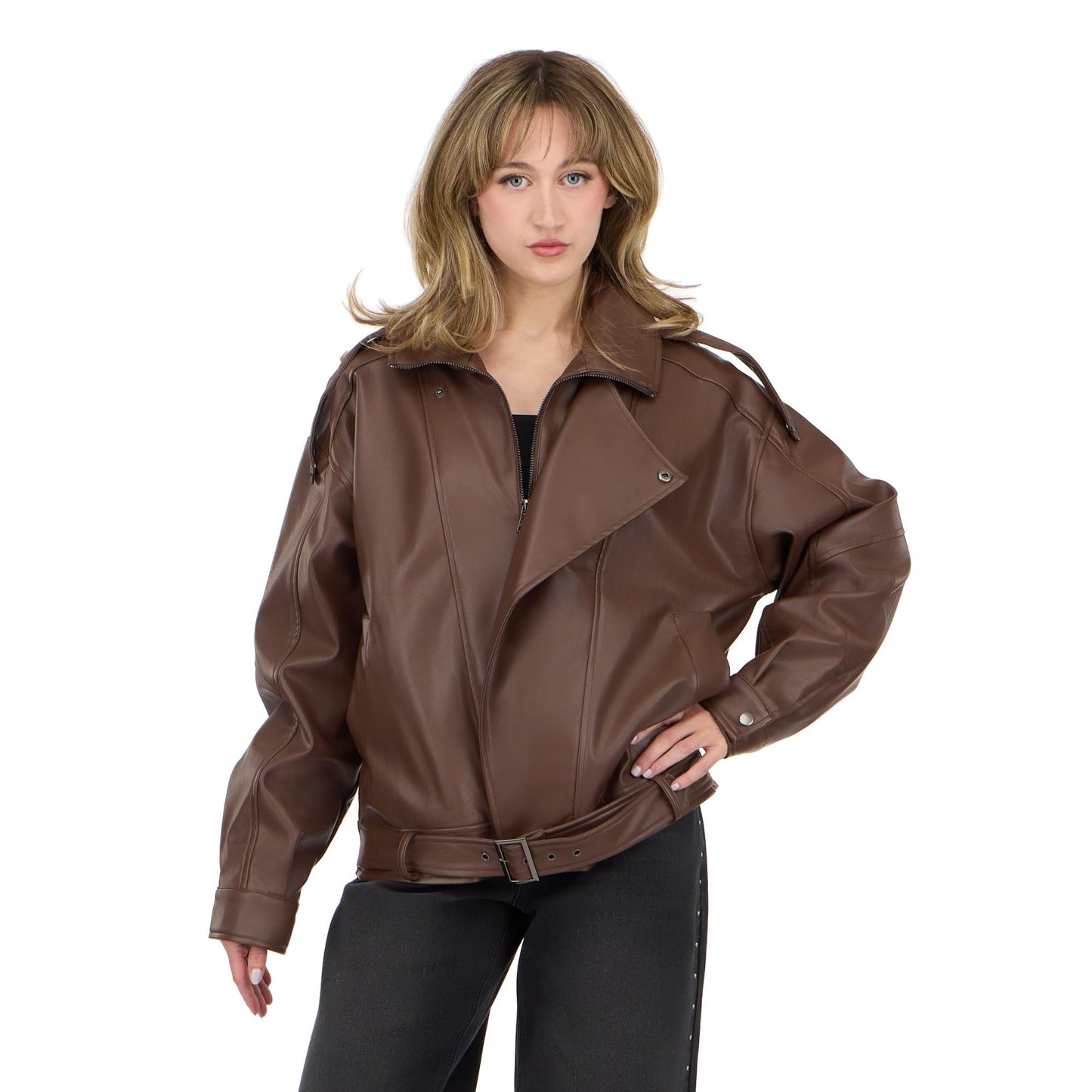 Forever 21 Women’s Oversized PU Jacket with Belted Waist, Faux Leather Outerwear, Relaxed Fit Coat for Casual Street Style and Everyday Wear, Brown, Medium