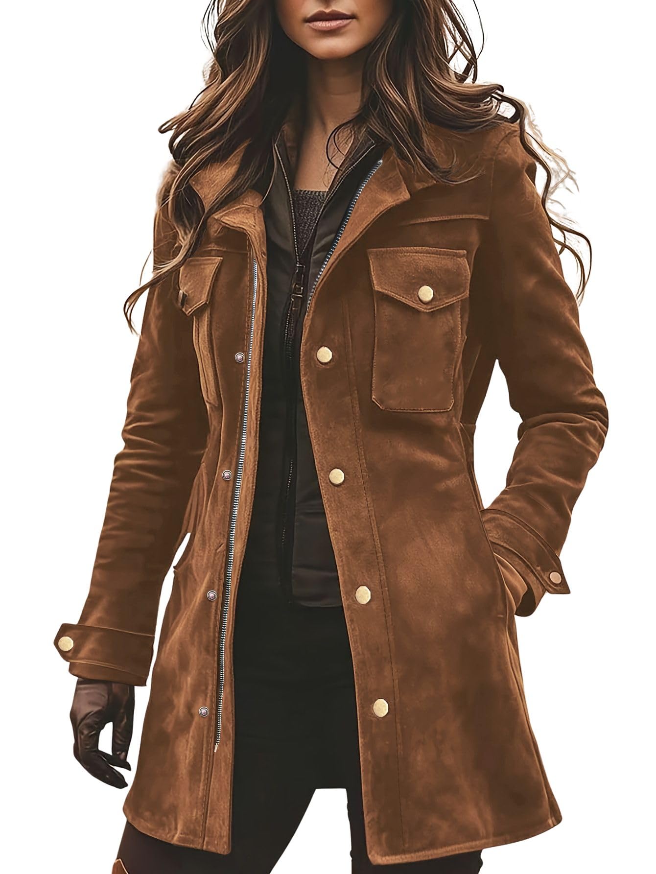 chouyatou Women's Retro Faux Suede Leather Jacket Zip Up Military Utility Safari Jacket Midi Long Shacket (Medium, Brown)