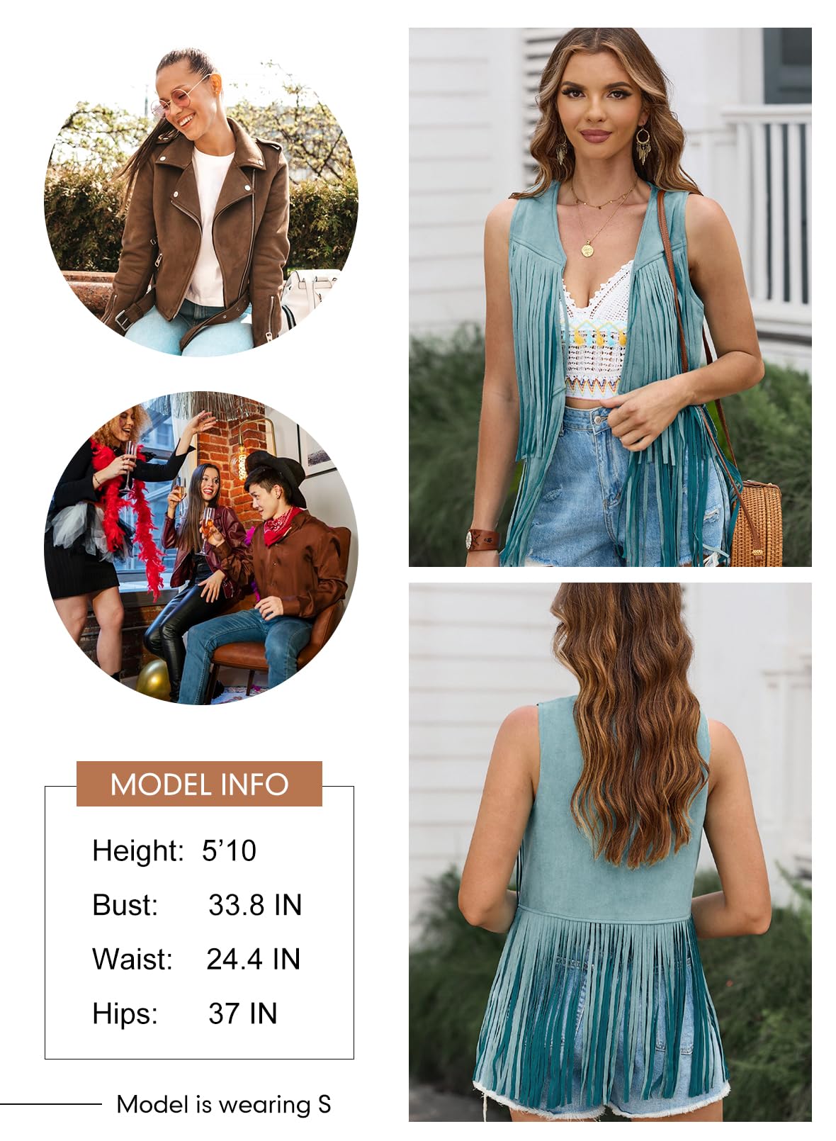 Dokotoo Womens Spring Summer Fashion Fringe Vest 70s Hippie Boho Western Chic Cowgirl Shirts Sleeveless Jacket Open Front Cardigan Faux Suede Leather Tassel Country Concert Outfits Blue Small
