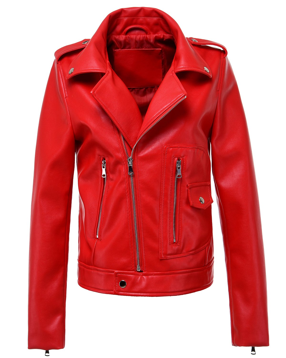 Women's Zipper Motorcycle Biker Faux Leather Jackets (L, Red)
