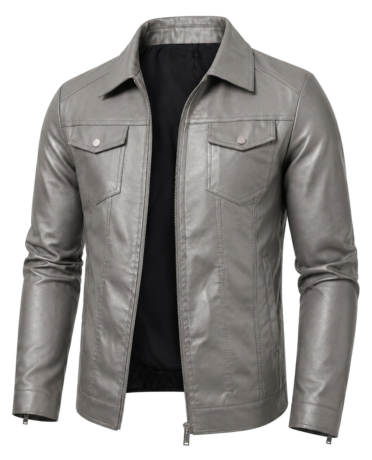 Grey Leather Jackets Men Faux Leather Motorcycle Jacket Biker Coat XXL