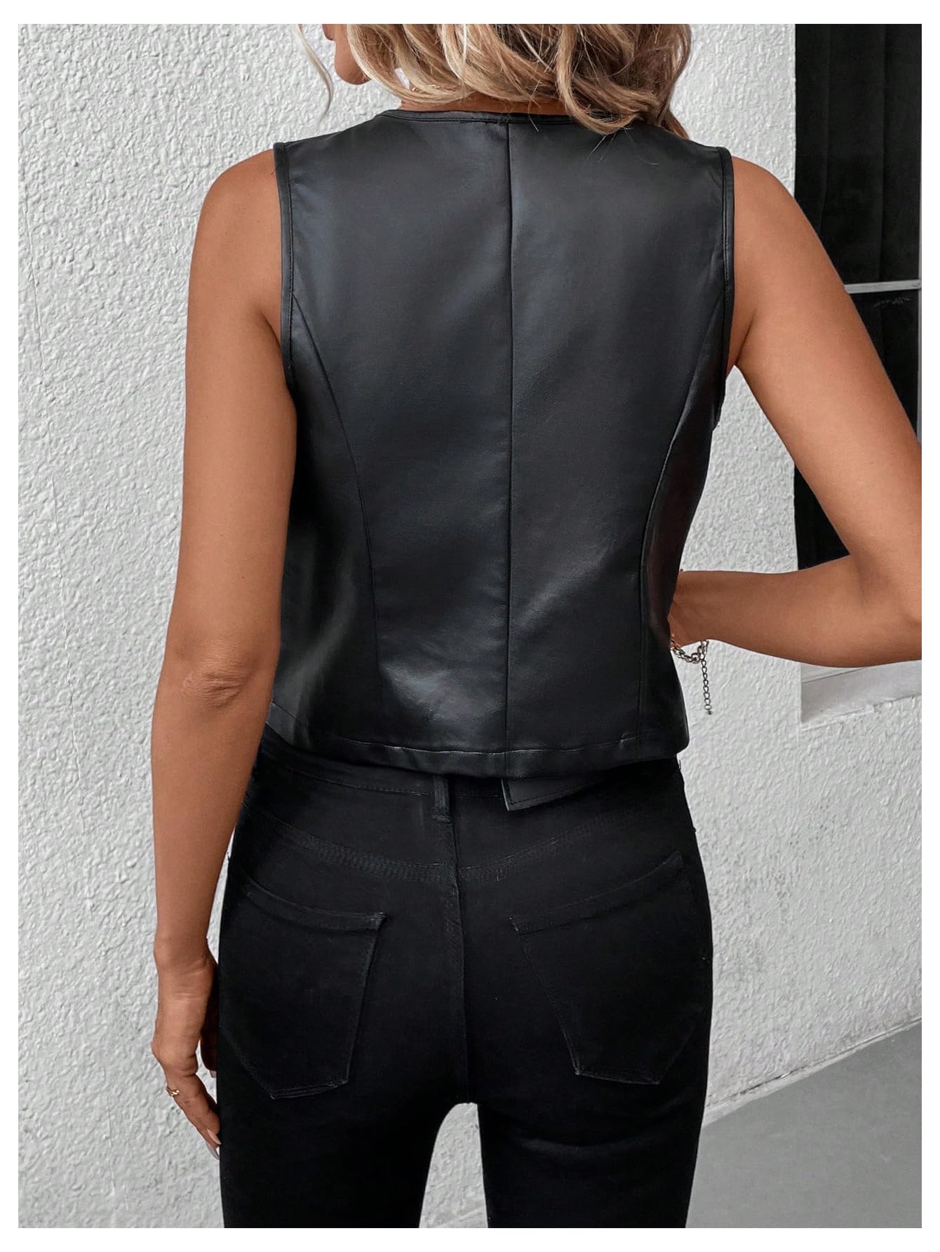 SweatyRocks Women's PU Leather Button Down V Neck Sleeveless Jacket Vest Waistcoat Black Small