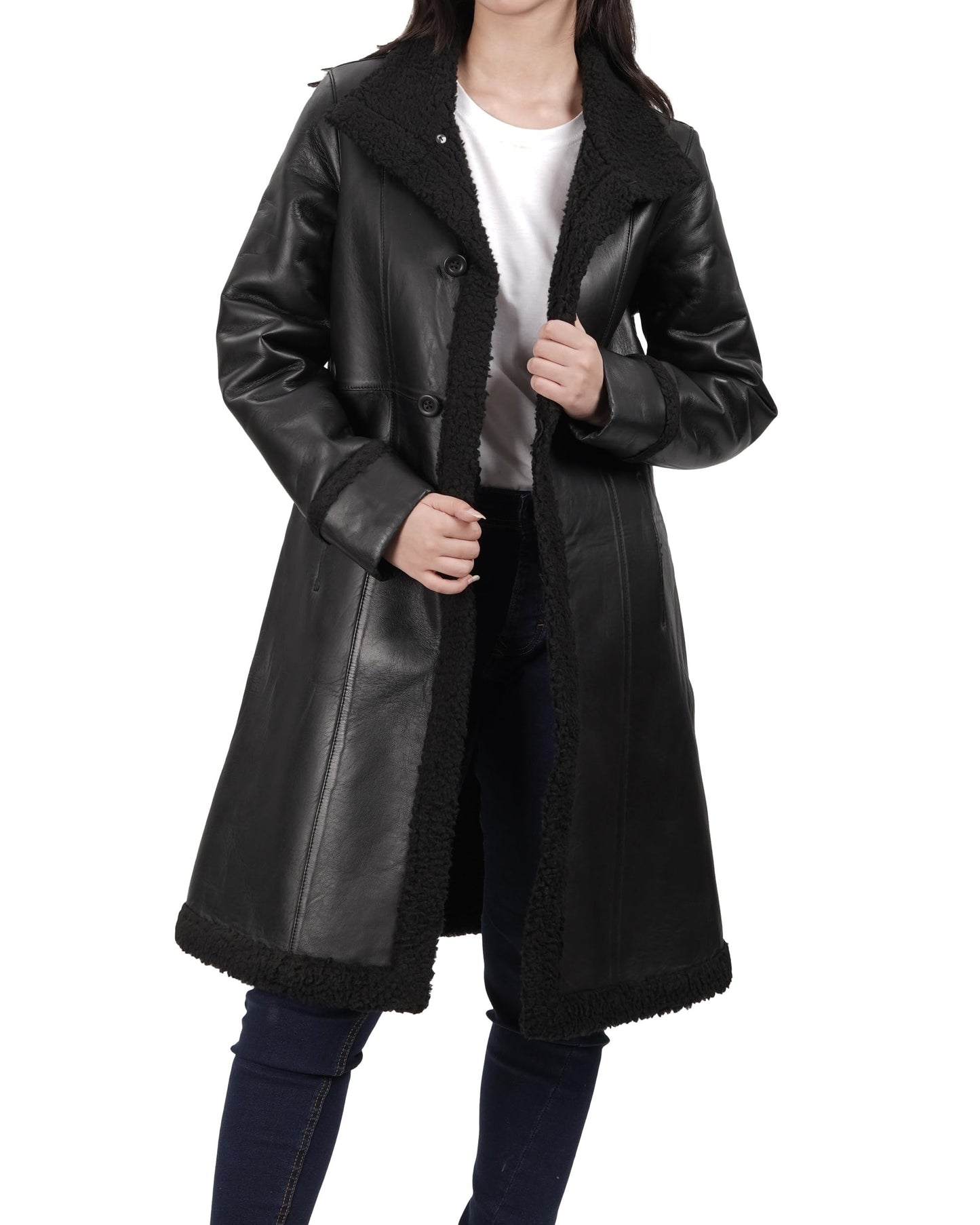 Decrum Disc Black Long Leather Jackets for Women | [1309315] Maura Black - XL
