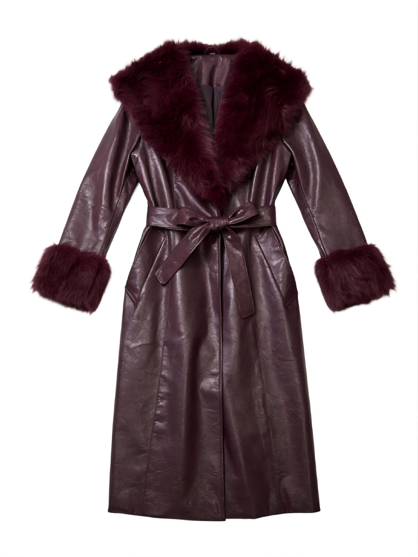 SS-Sunrise Fashion Women's Wine Red Faux Leather Coat with Faux Fur Collar, Long Sleeve Warm Winter Furry Trim Parka Coat with Belt (Medium)