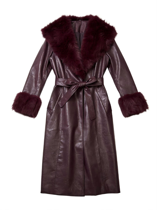 SS-Sunrise Fashion Women's Wine Red Faux Leather Coat with Faux Fur Collar, Long Sleeve Warm Winter Furry Trim Parka Coat with Belt (Medium)