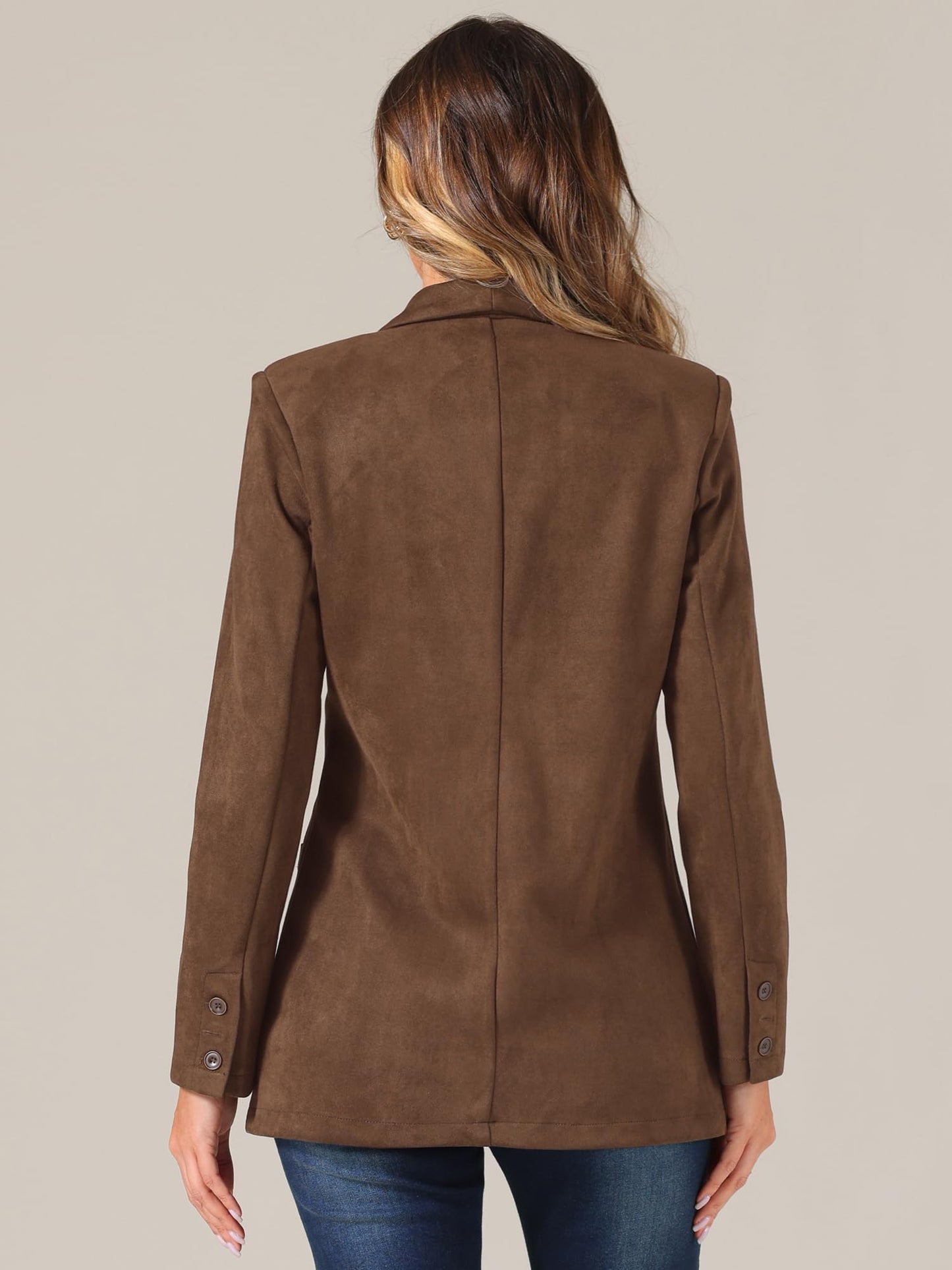 Allegra K Faux Suede Blazer for Women's Lapel Collar One Button Dressy Suit Jacket Small Brown