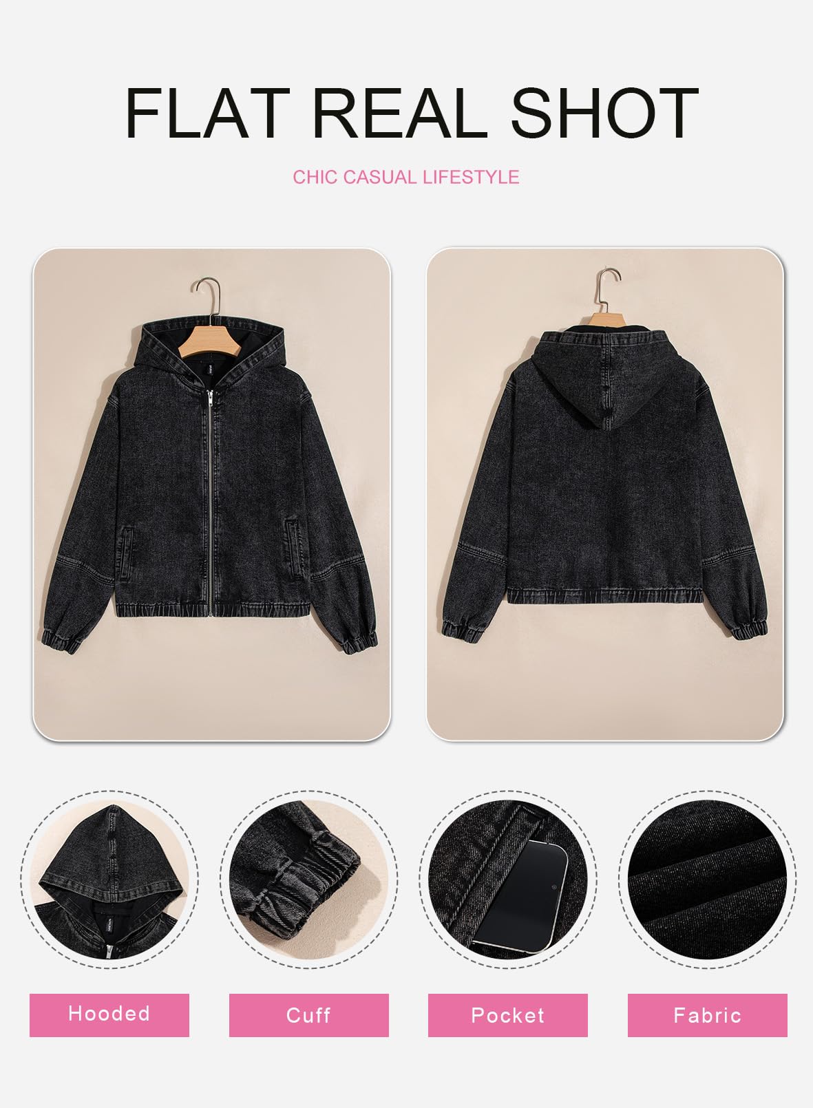SHEWIN Jean Jacket Women Long Sleeve Womens Fall Jackets Cozy Denim Jacket Zipper Hooded Bomber Black Jacket Women Fall Clothes 2026 Color Black X-Large