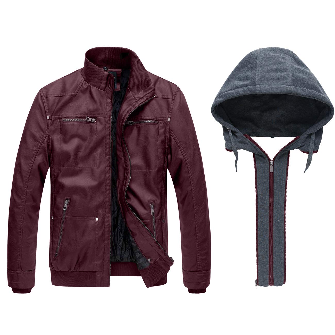 wantdo Men's Light Faux Leather Jacket Hooded Motorcycle Jacket Wine Red Large(Thick)
