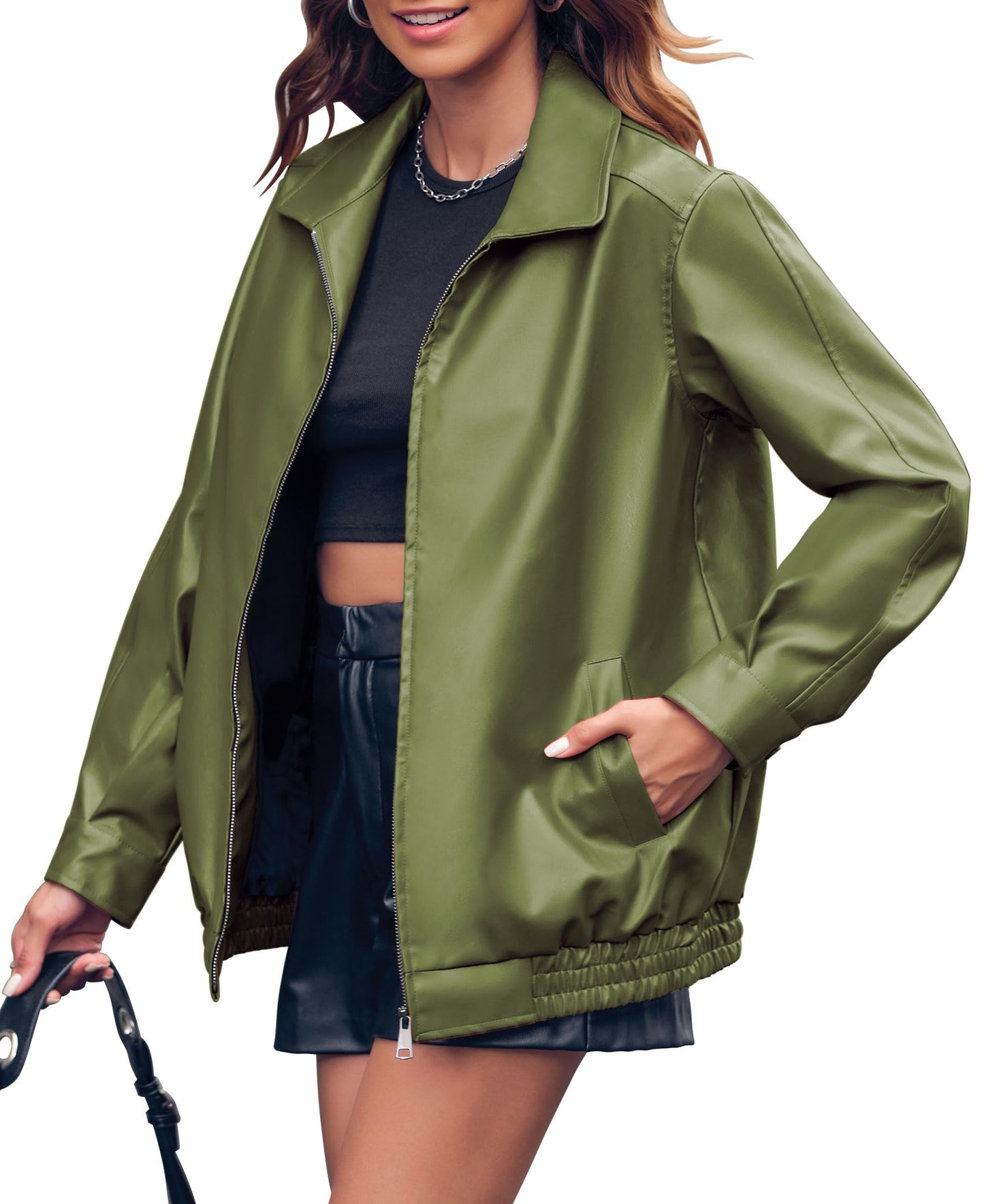 Miladusa Womens Leather Jackets Faux Fashion Zip Up Long Sleeve Solid Color Motorcycle Jacket with Pockets Military Green M