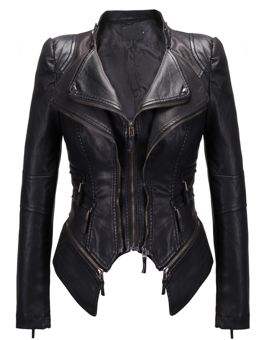 chouyatou Women's Fashion Studded Perfectly Shaping Faux Leather Biker Jacket (Large, New-Black)