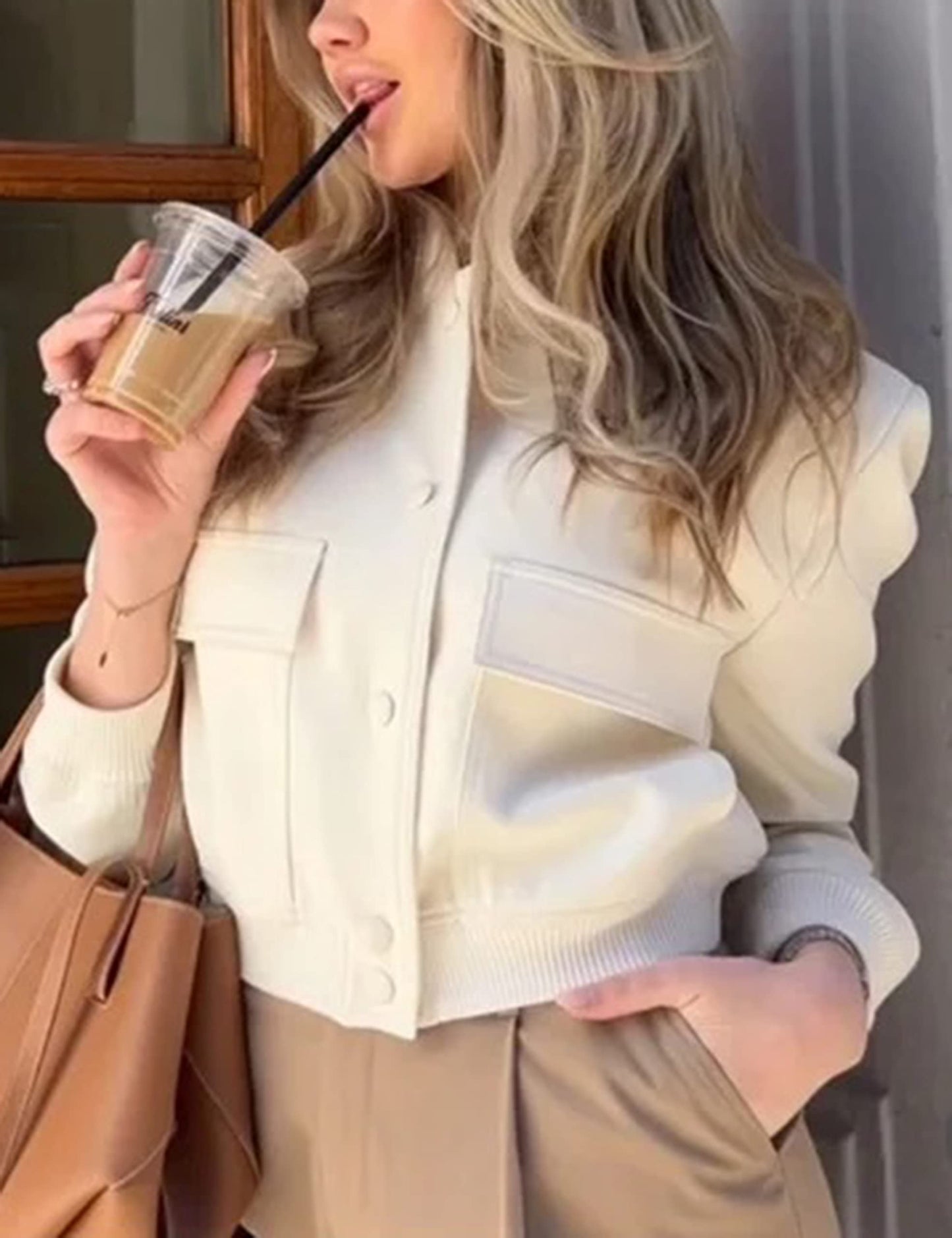 Lumister Women's Fashion Cropped Button Down Lightweight Cropped Bomber Jacket Varsity Shacket with Side Pockets(0605-Beige-M)