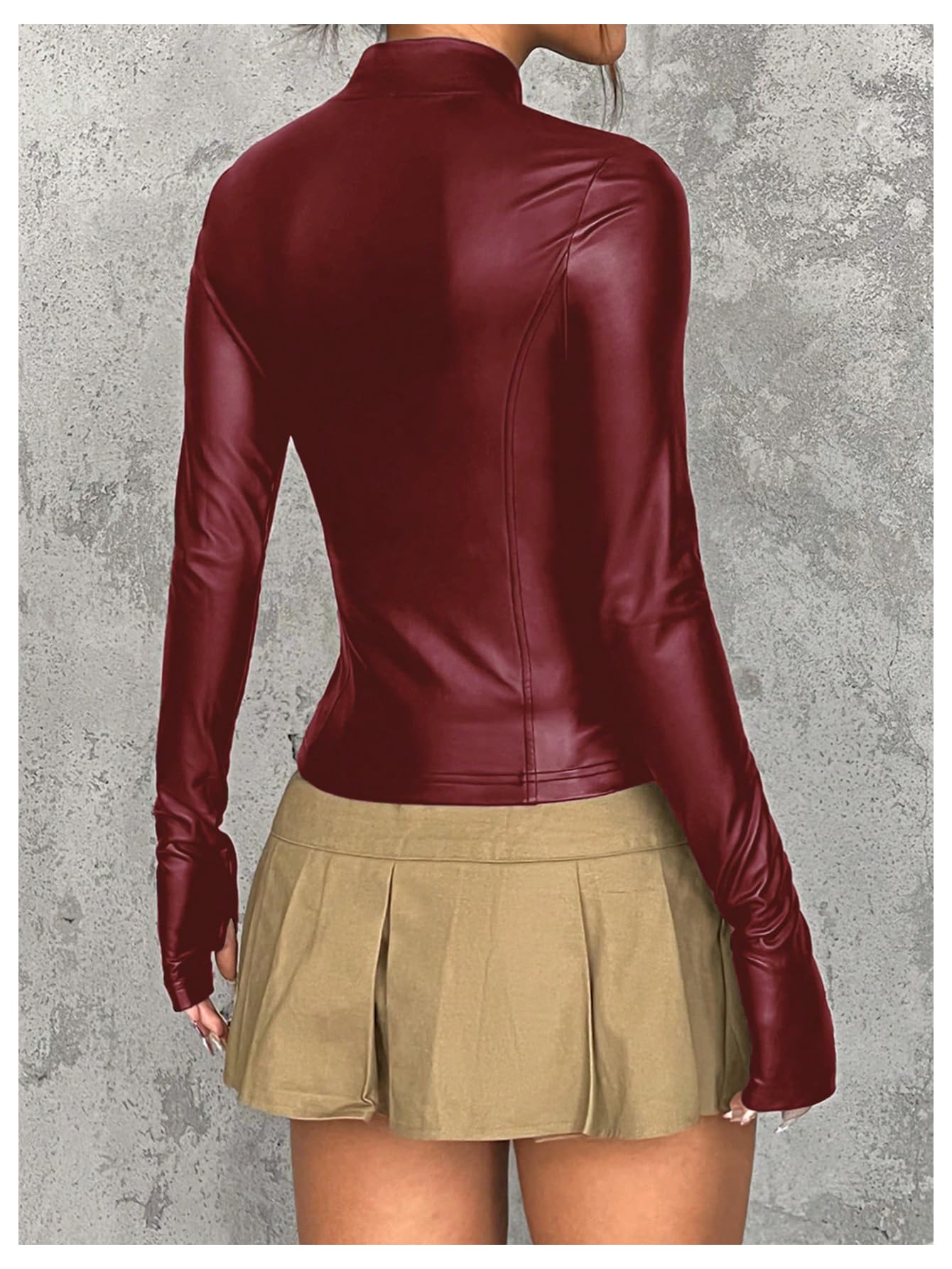 MakeMeChic Women's Faux Leather Jacket Thin Fleece Mock Neck Zip Up Long Sleeve Coat Outerwear Red Small