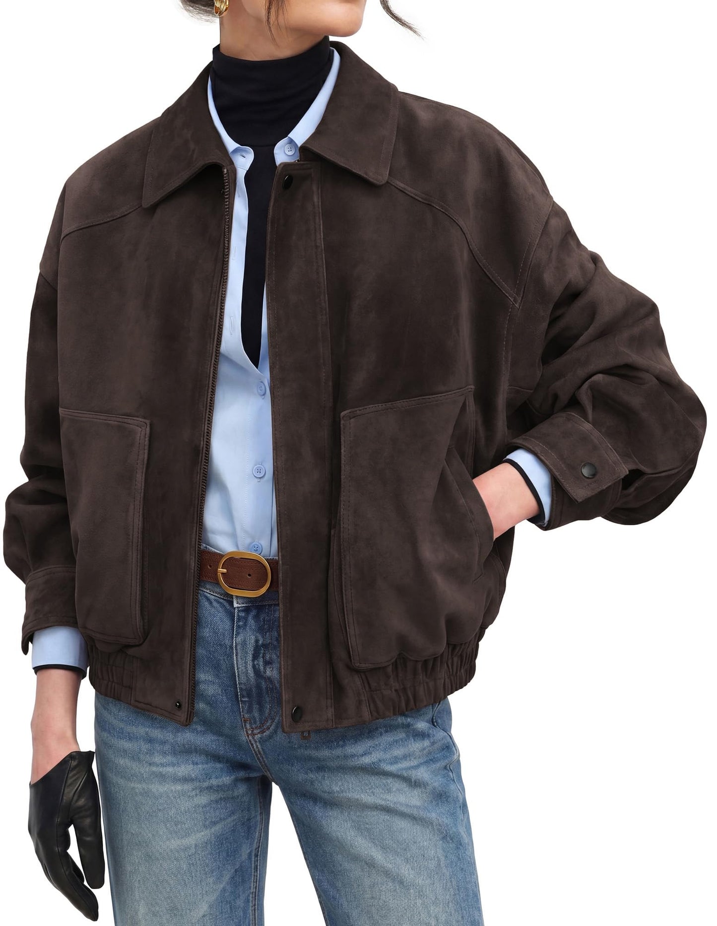 GRACE KARIN Women's Faux Suede Jacket Fall Long Sleeve Coat Coffee XL