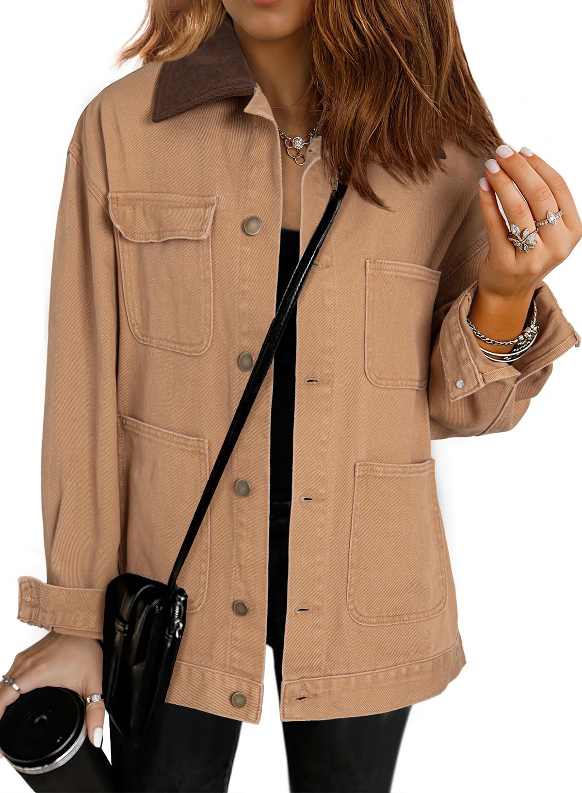 Dokotoo Denim Jacket For Women Casual Trucker Jean Barn Jackets For Women Basic Long Sleeve Denim Jackets Trendy Winter Clothing Barn Coat With Color Block Collar Brown XL