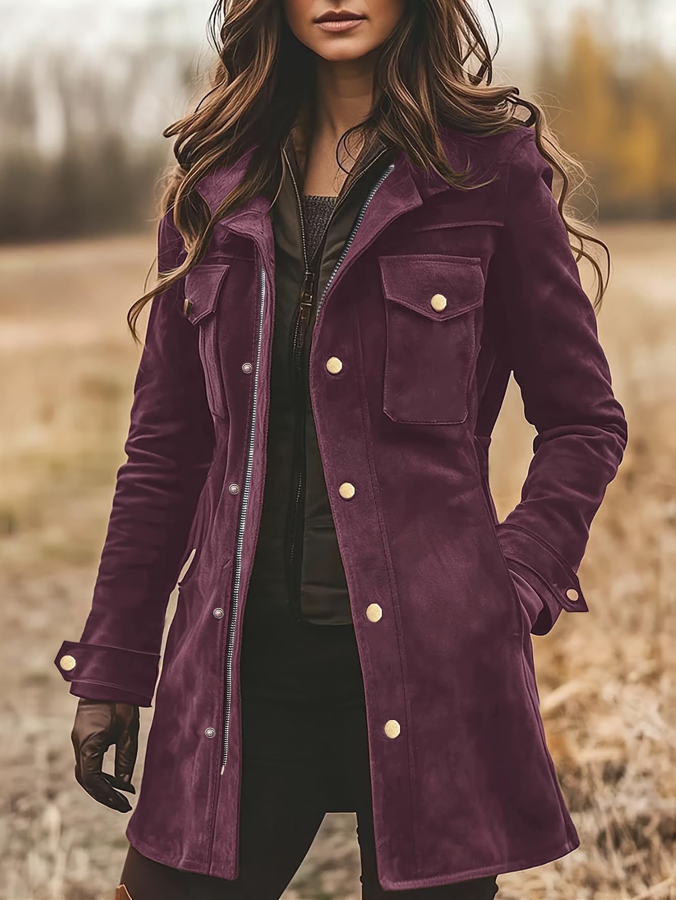 chouyatou Women's Retro Faux Suede Leather Jacket Zip Up Military Utility Safari Jacket Midi Long Shacket (Large, Purple)