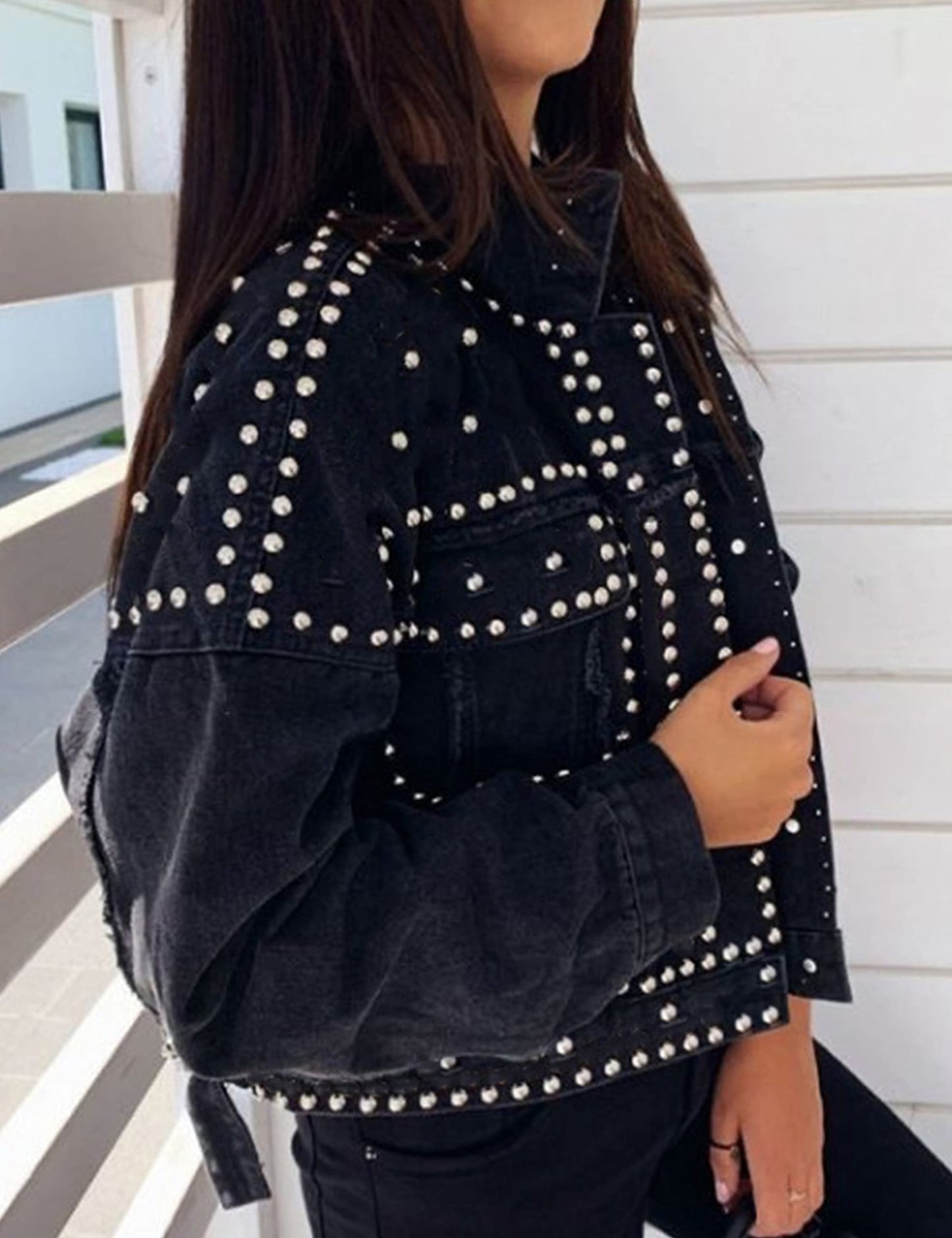 APAFES Women's Fashion Crop Fringe Denim Jacket Distressed Western Studded Black Trucker Jacket(0270-Black-S-NG)