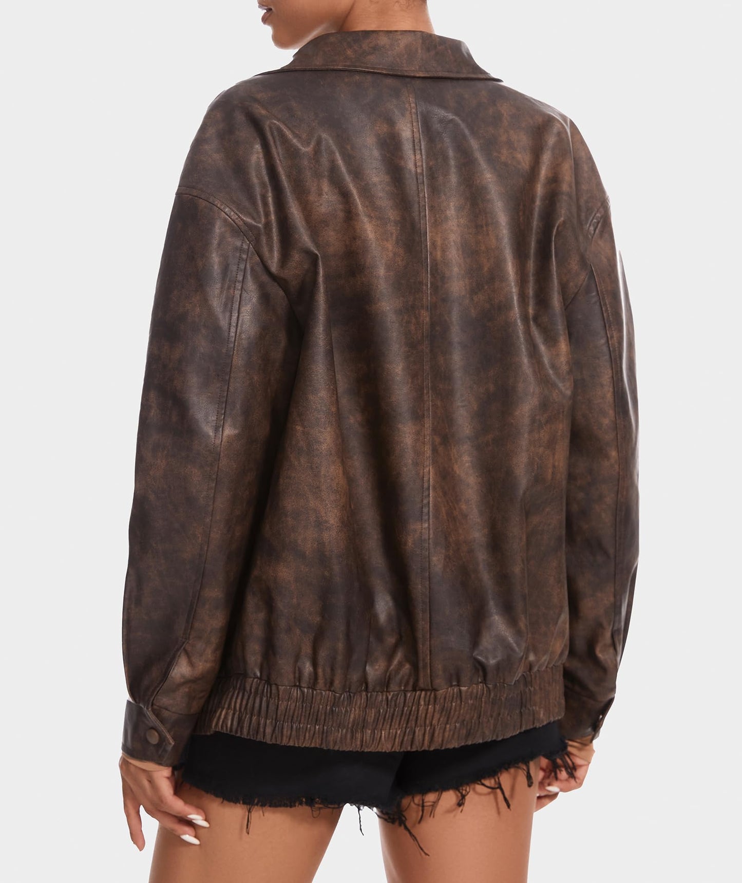 Casly Lamiit Women's Leather Jacket Faux Motorcycle Oversized Zip Up Coat Bomber Jackets Fall Casual Fashion Outfits Outerwear Brown L