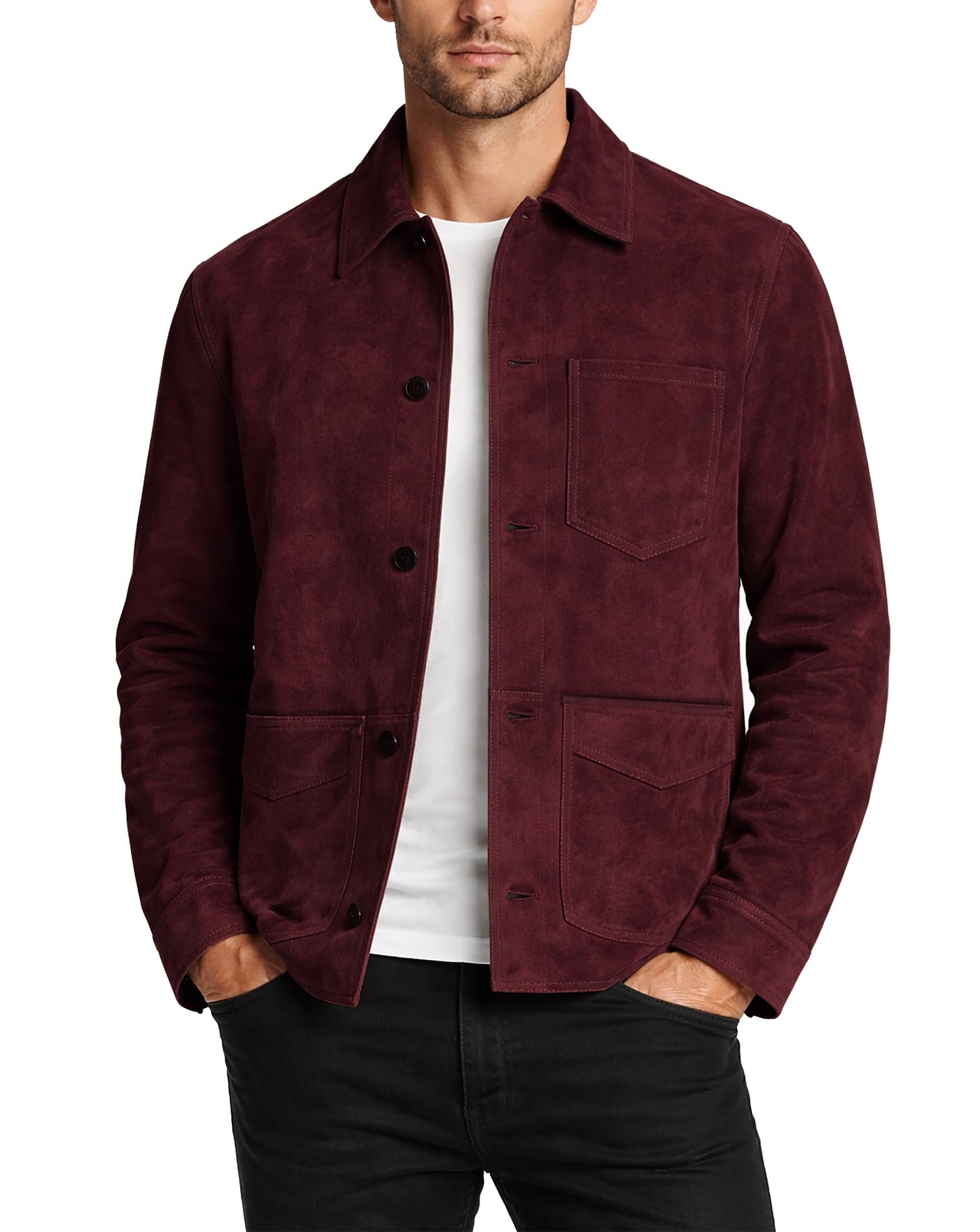 LP-FACON Mens Classic Maroon Suede Leather Jacket Shirt Style - Western Trucker Casual Cowboy Suede Leather Jacket 2XL