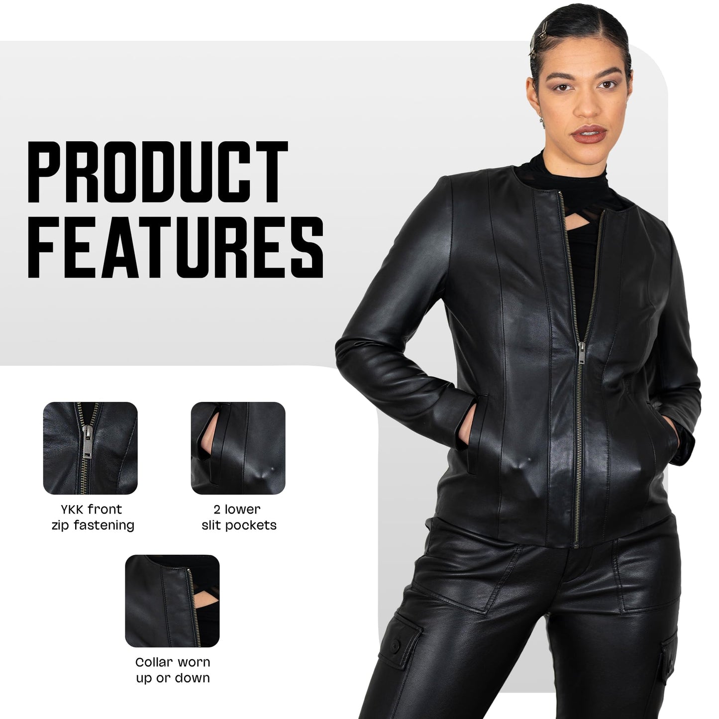 BRICK LANE Timeless Design Leather Jacket for Women | Genuine Lamb Nappa Leather Jacket (US, Alpha, Small, Regular, Regular, Black)