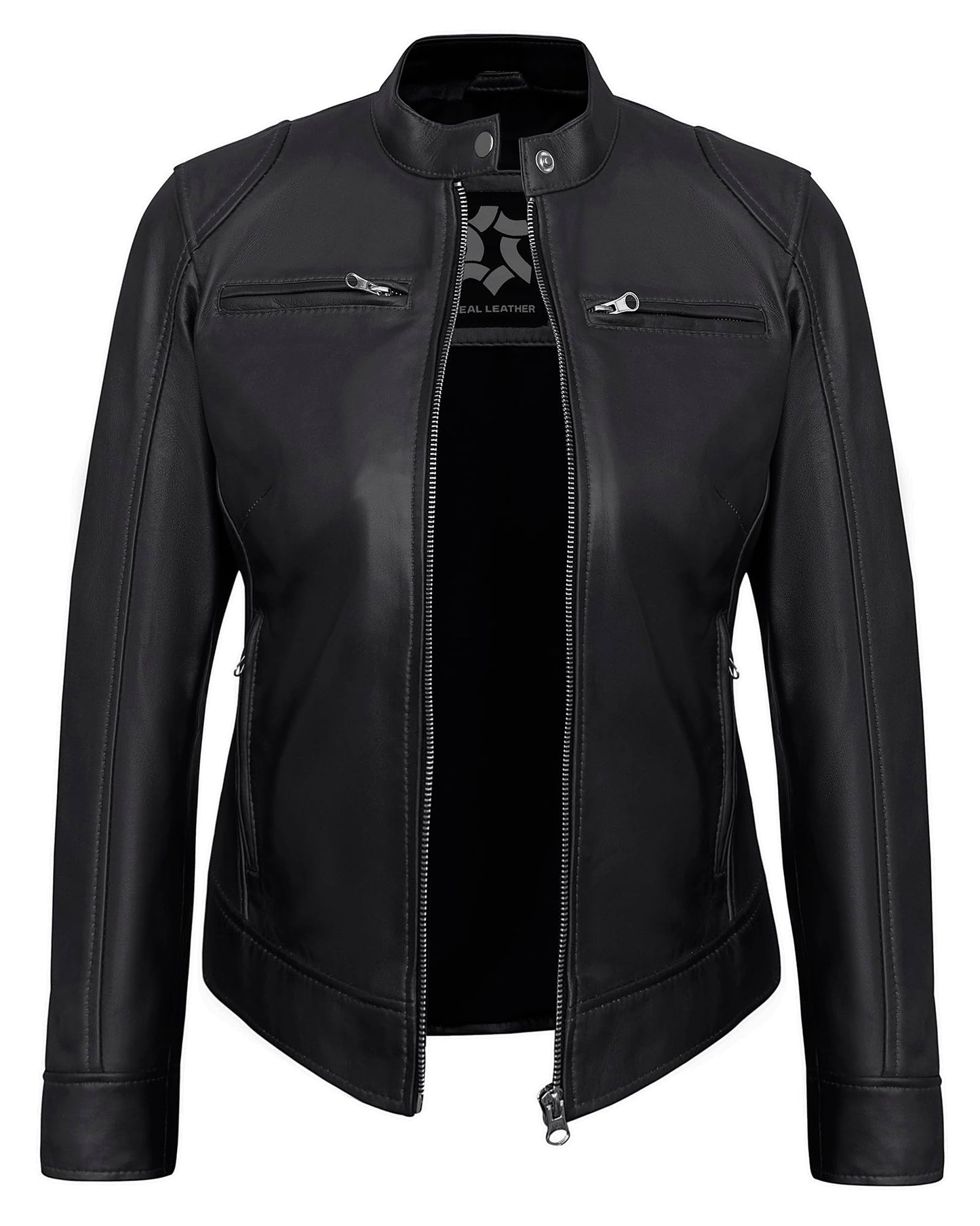 UrbanFocal DISC Womens Motorcycle Leather Jackets - Stylish Real Lambskin Black Leather Jacket Women | [101003104] Black Ddge, L