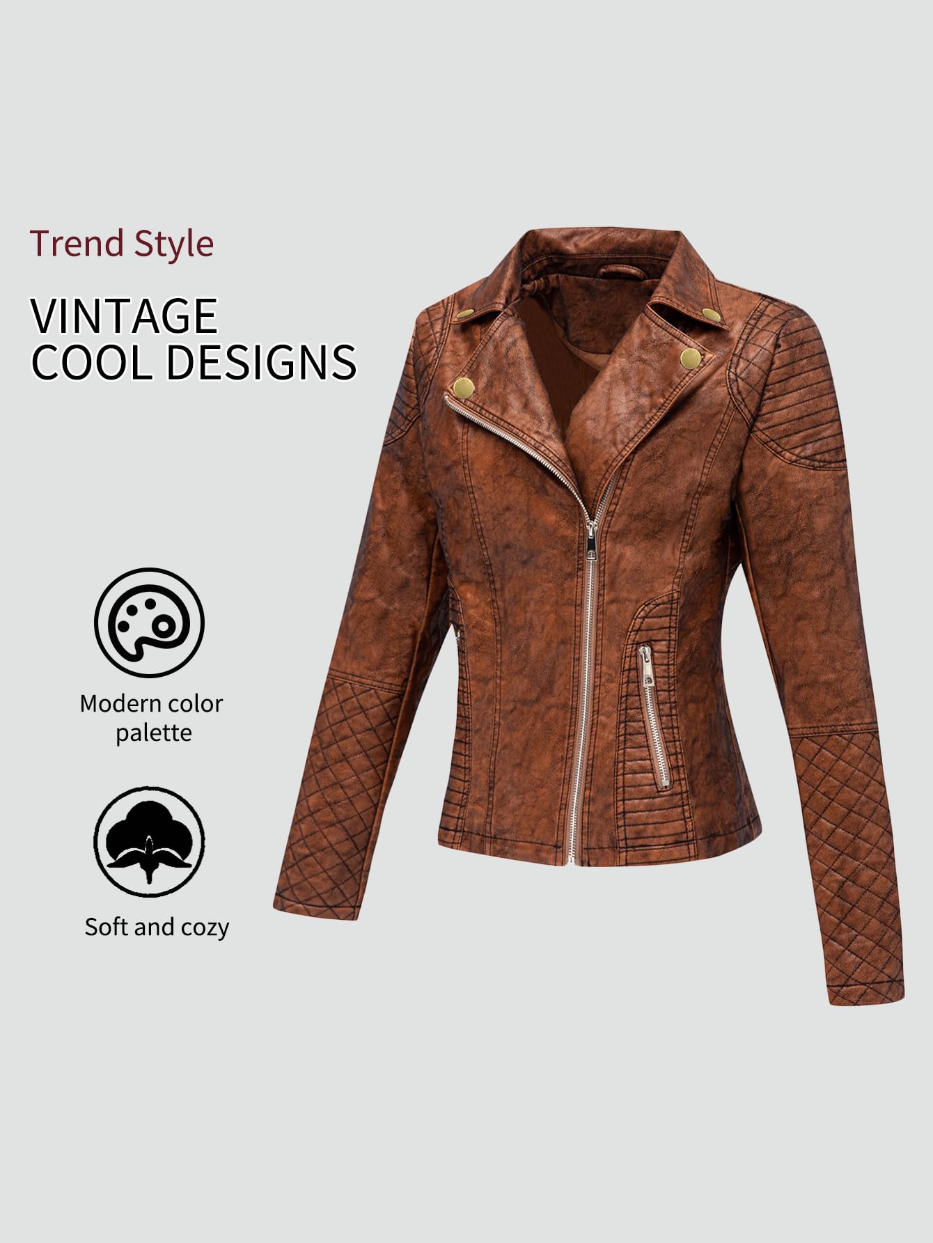 Bellivera Women's Faux Leather Casual Moto Lightweight Jacket Brown 2M