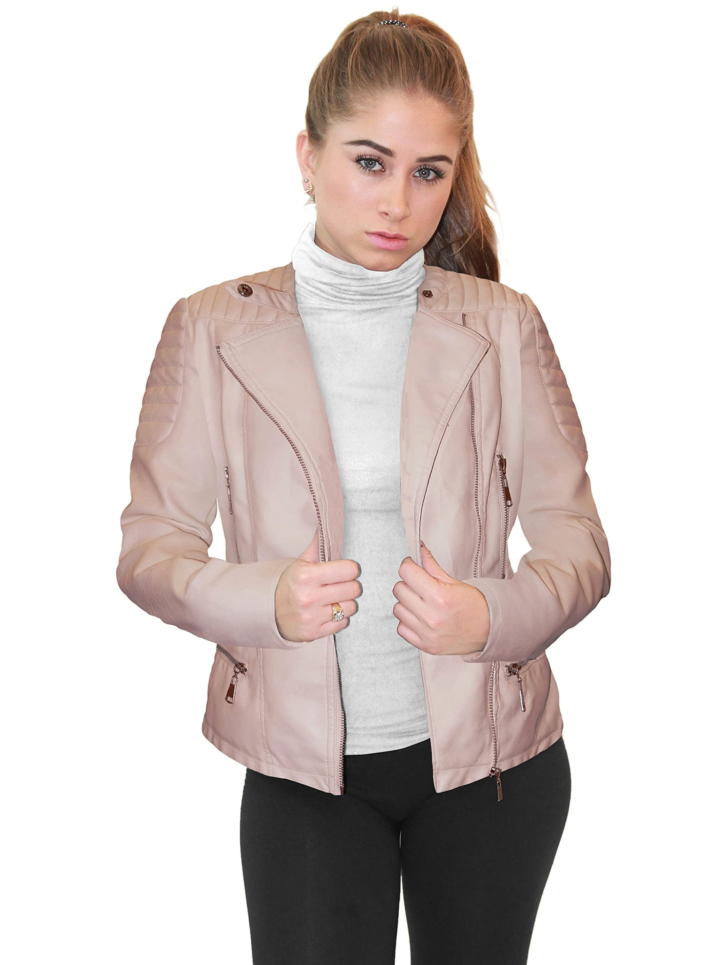 Olivia Miller Womens Faux Leather Zip Up Moto Biker Jacket JK5207S DUSTY ROSE XL
