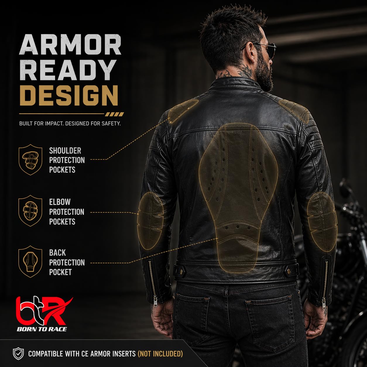BTR BORN TO RACE Men's Motorbike Leather Jacket Distress Zip Up Bikers Riding Protection Motorcycle Leather Jackets (US, Alpha, Medium, Regular, Regular, Natural Black-Jacket)
