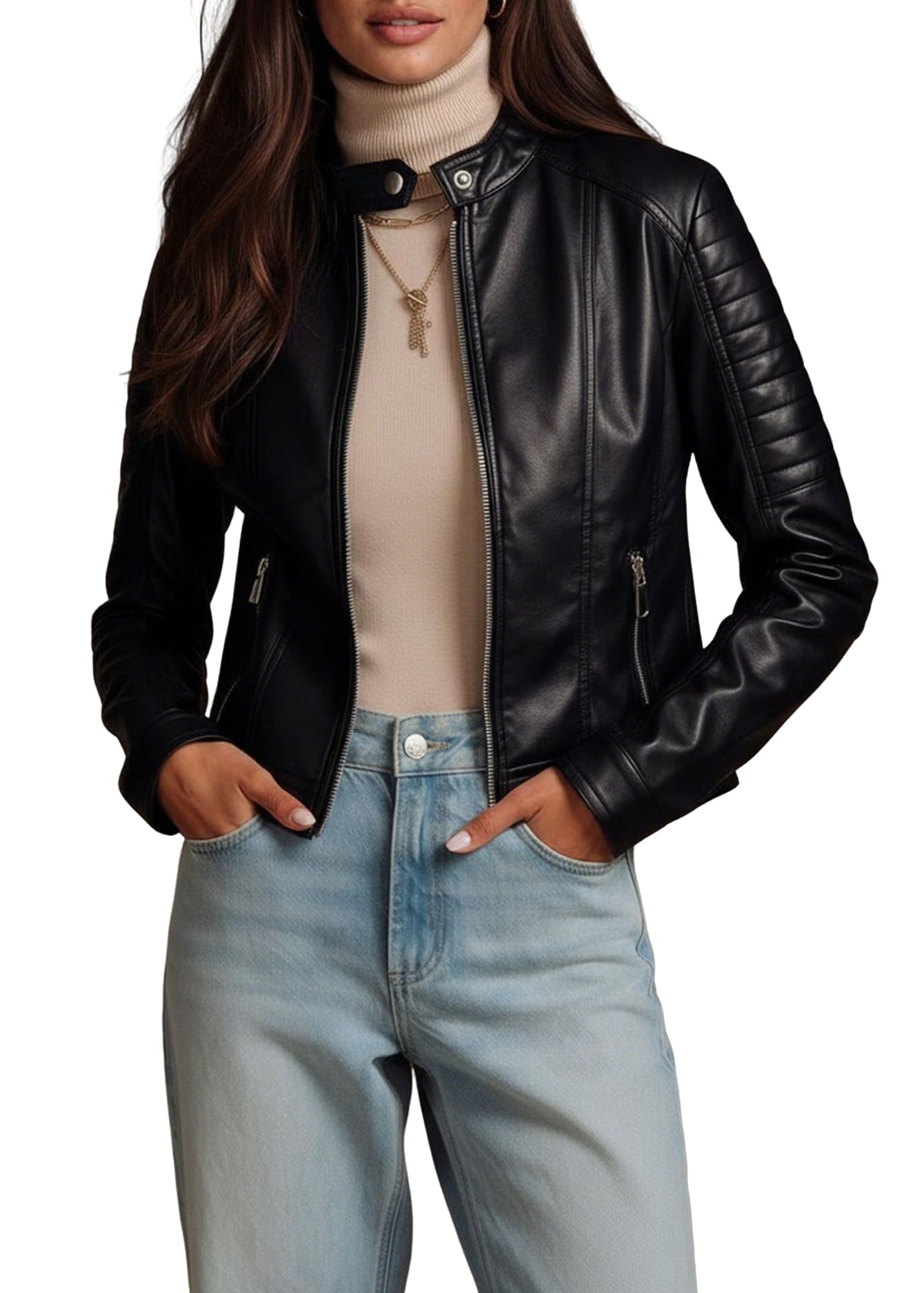 Pallivare Womens Faux Leather Motorcycle Stand Collar Jacket