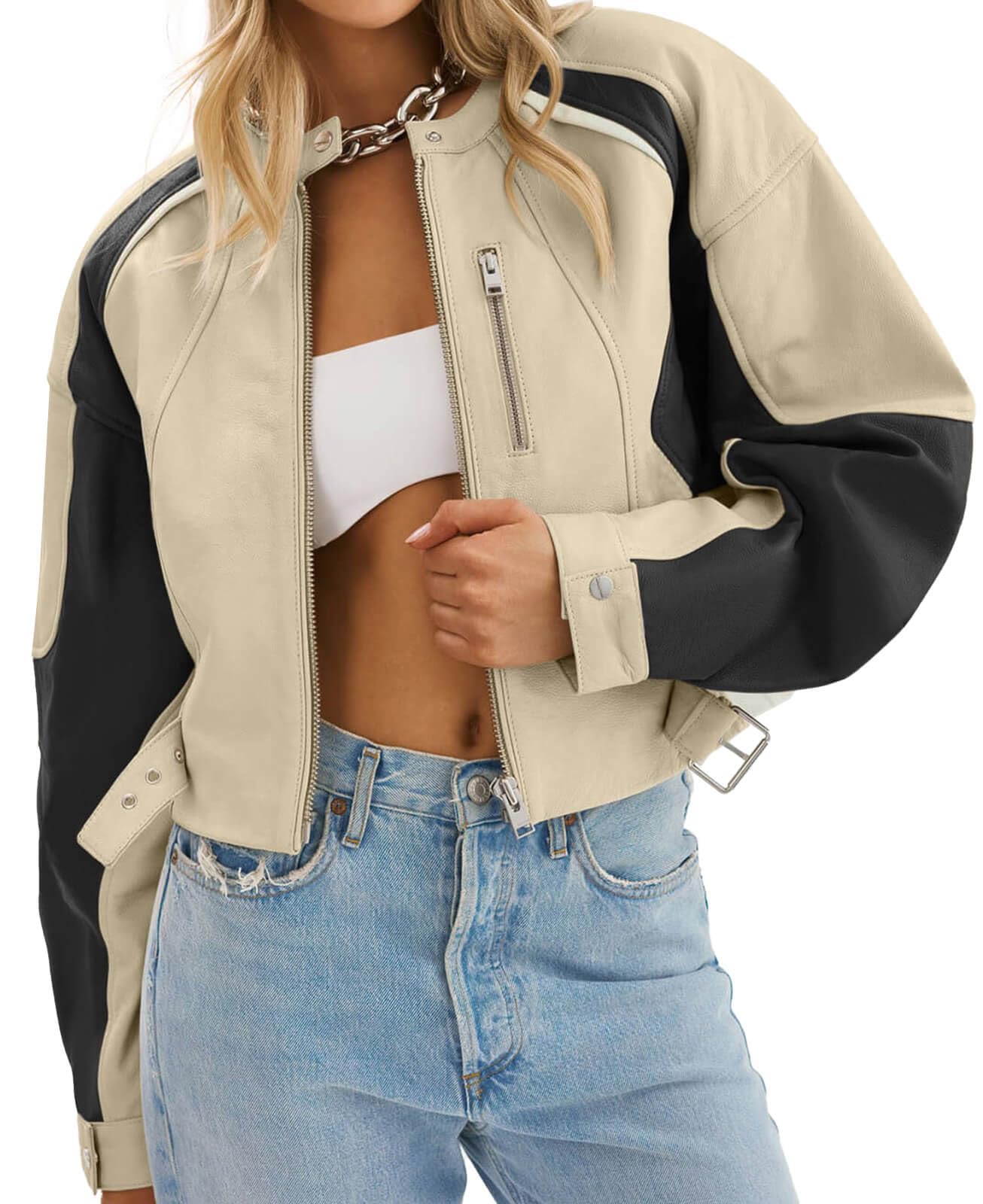 Tankaneo Womens Faux Leather Bomber Jackets Cropped Zip Up Color Block Fall Casual Moto Biker Coats