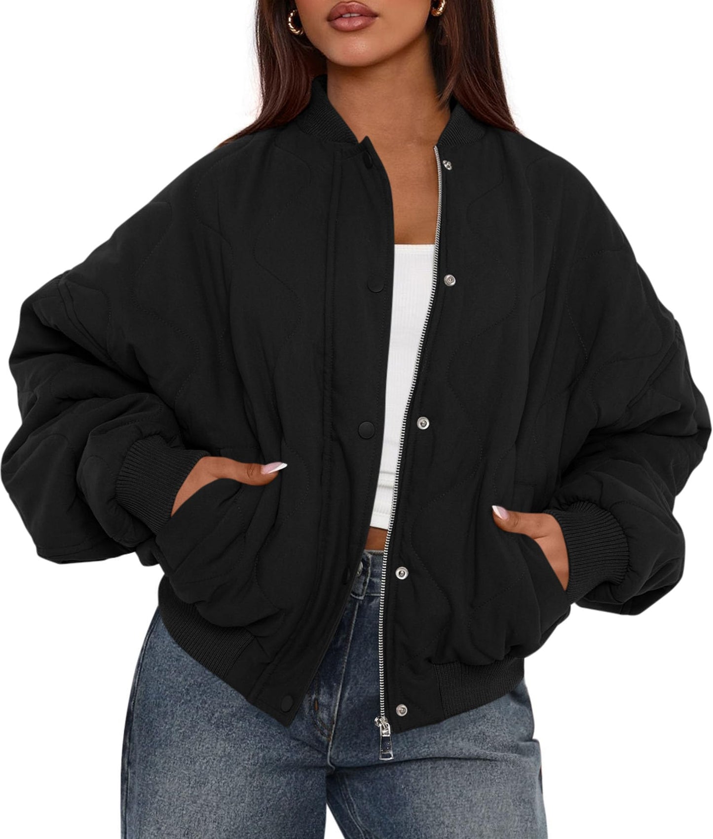 PRETTYGARDEN Women's Quilted Bomber Jacket Fall Fashion 2026 Lightweight Cropped Zip up Outerwear Winter Puffer Coats Pockets (Black,X-Large)