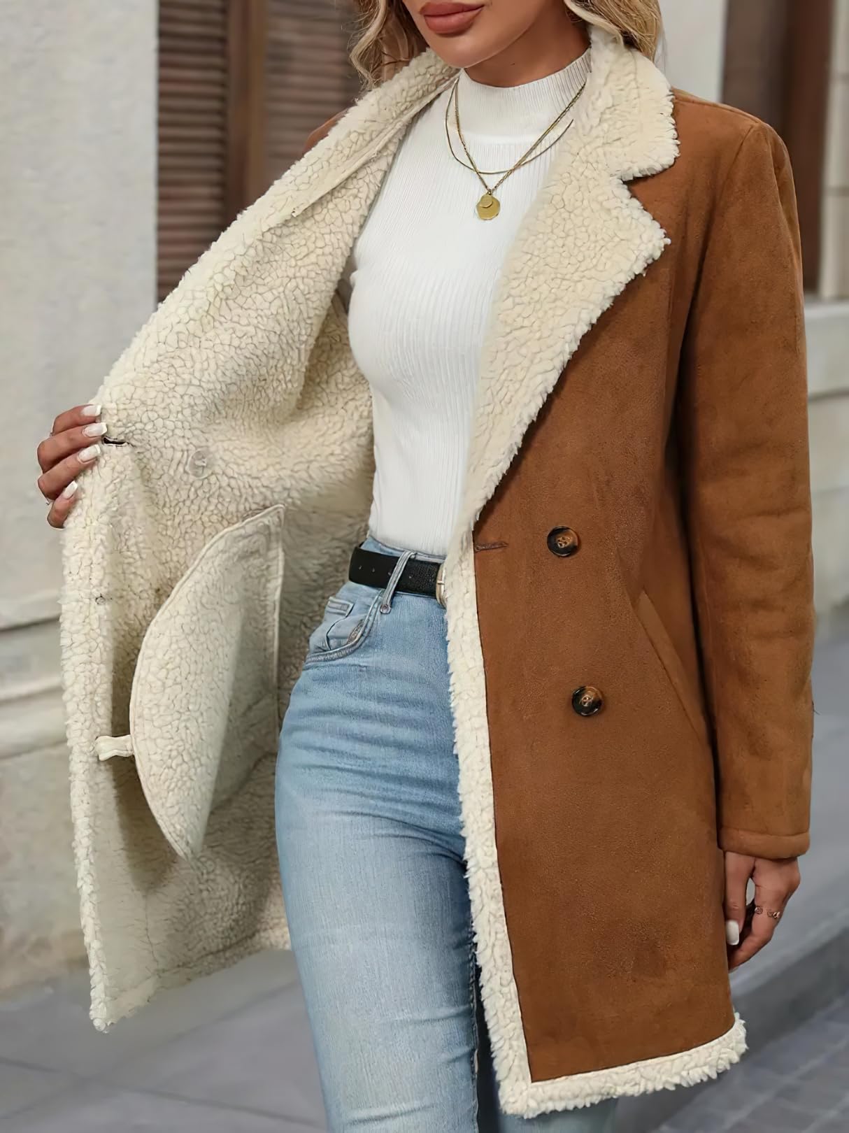chouyatou Women's Winter Notch Lapel Double Breasted Peacoat Sherpa Fleece Lined Faux Suede Jacket Coat (X-Large,Brown)