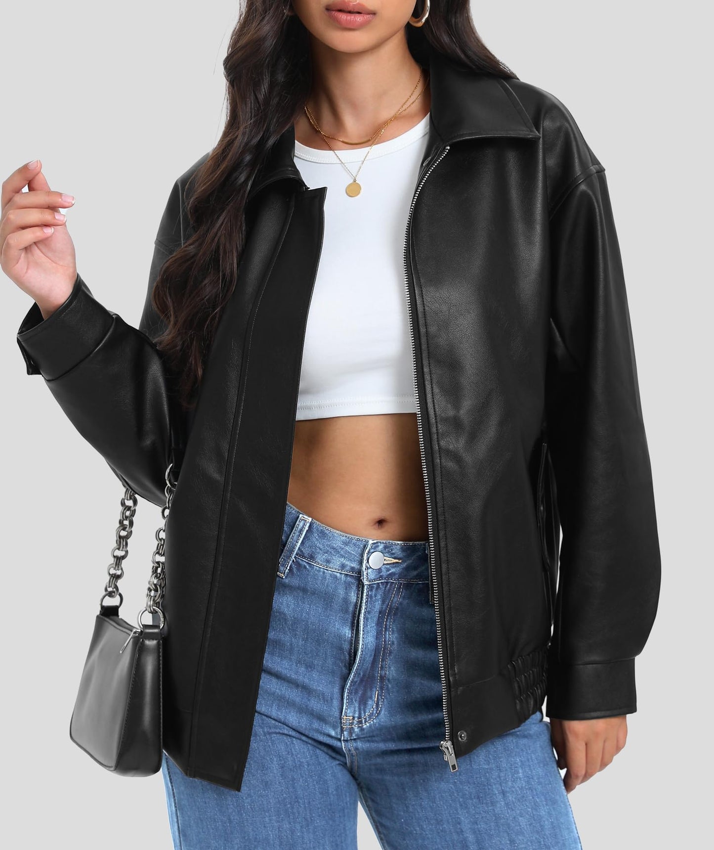 Casly Lamiit Womens Faux Leather Jacket Oversized Motorcycle Bomber Coat Winter Biker Black Jackets 2025 Trendy Street Clothes Black S