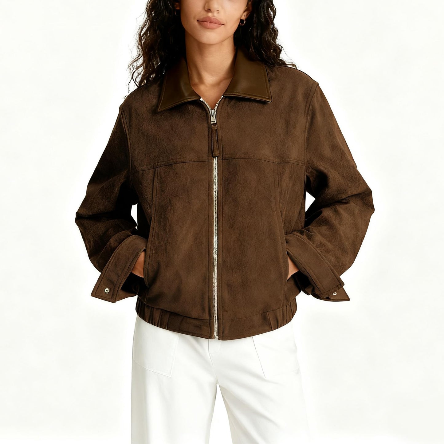 Zoziiee Women's Faux Suede Cropped Jacket Contrast Collar Zip Up Utility Barn Coat Trendy Fall Outwear(Coffee,M)